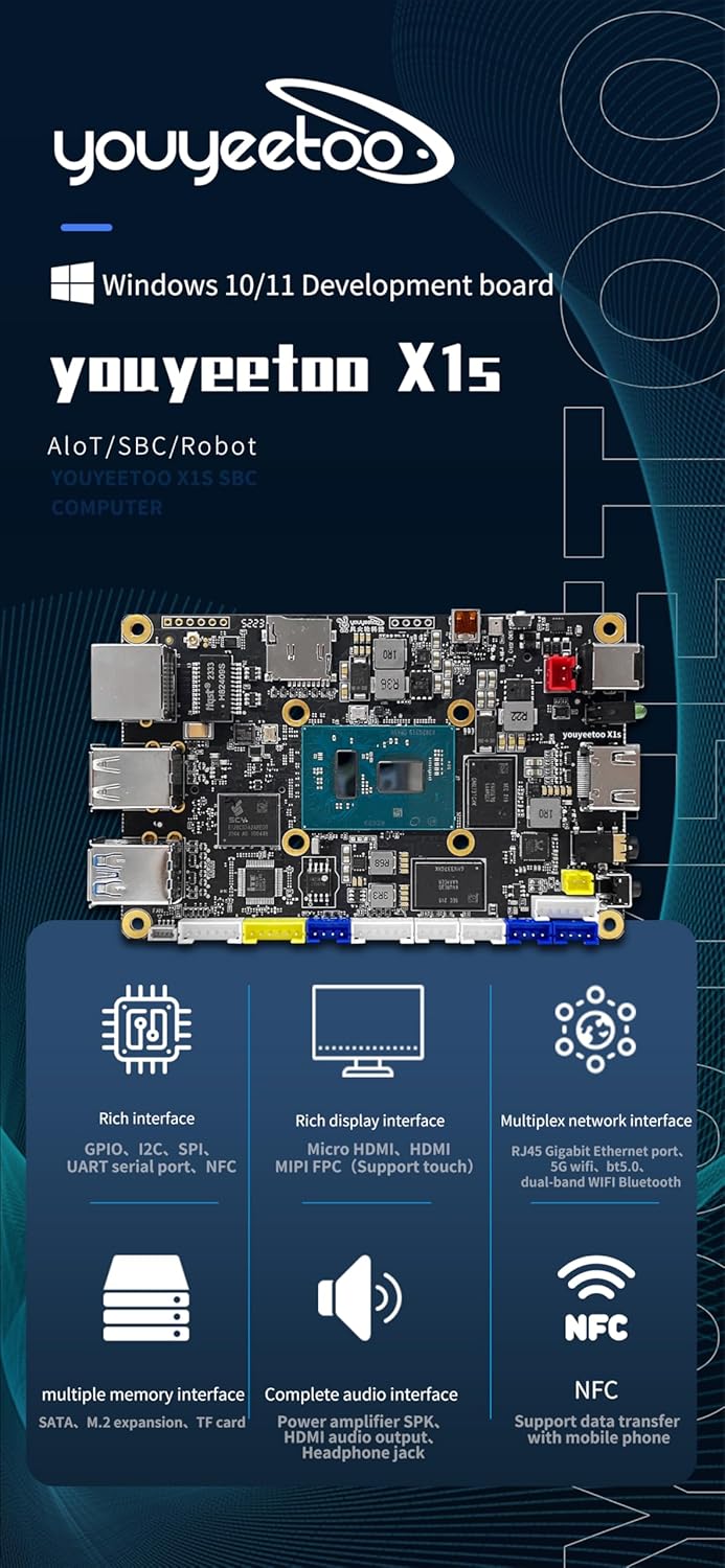 WayPonDEV youyeetoo X1s X86 Single Board Computer - A 64bit Windows 10/11/Linux Mini PC with Celeron N5095 CPU, Support Optional WiFi&BT NFC, PCIe3.0 M.2 2280 NVMe or SATA SSD (X1s 8+128GB)