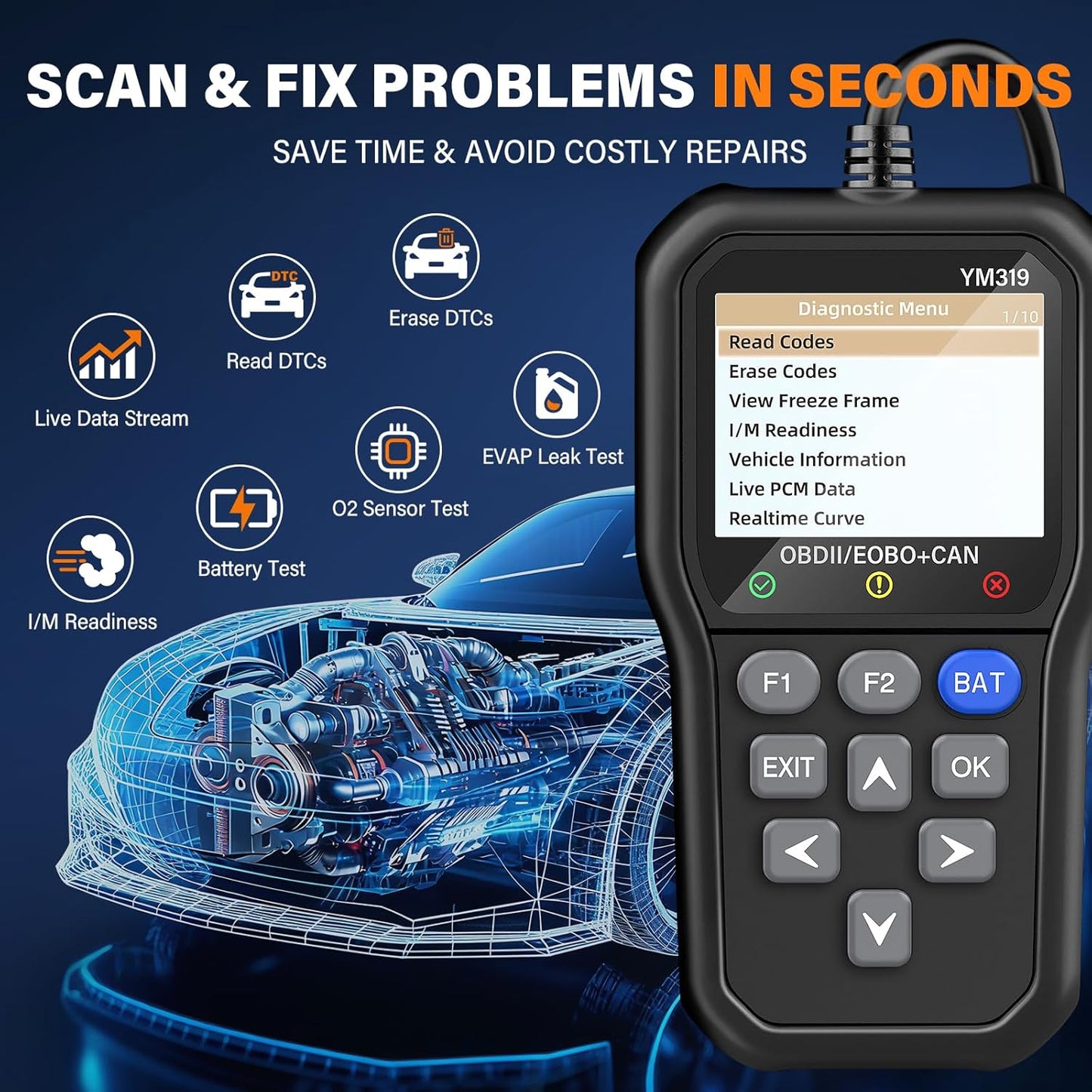 BluSon YM319 OBD2 Scanner Diagnostic Tool with Battery Tester, Check Engine Fault Code Reader with Live Data, Cloud Printing, DTC Lookup, Freeze Frame, Scan Tool for All OBDII Protocol Cars Since 1996