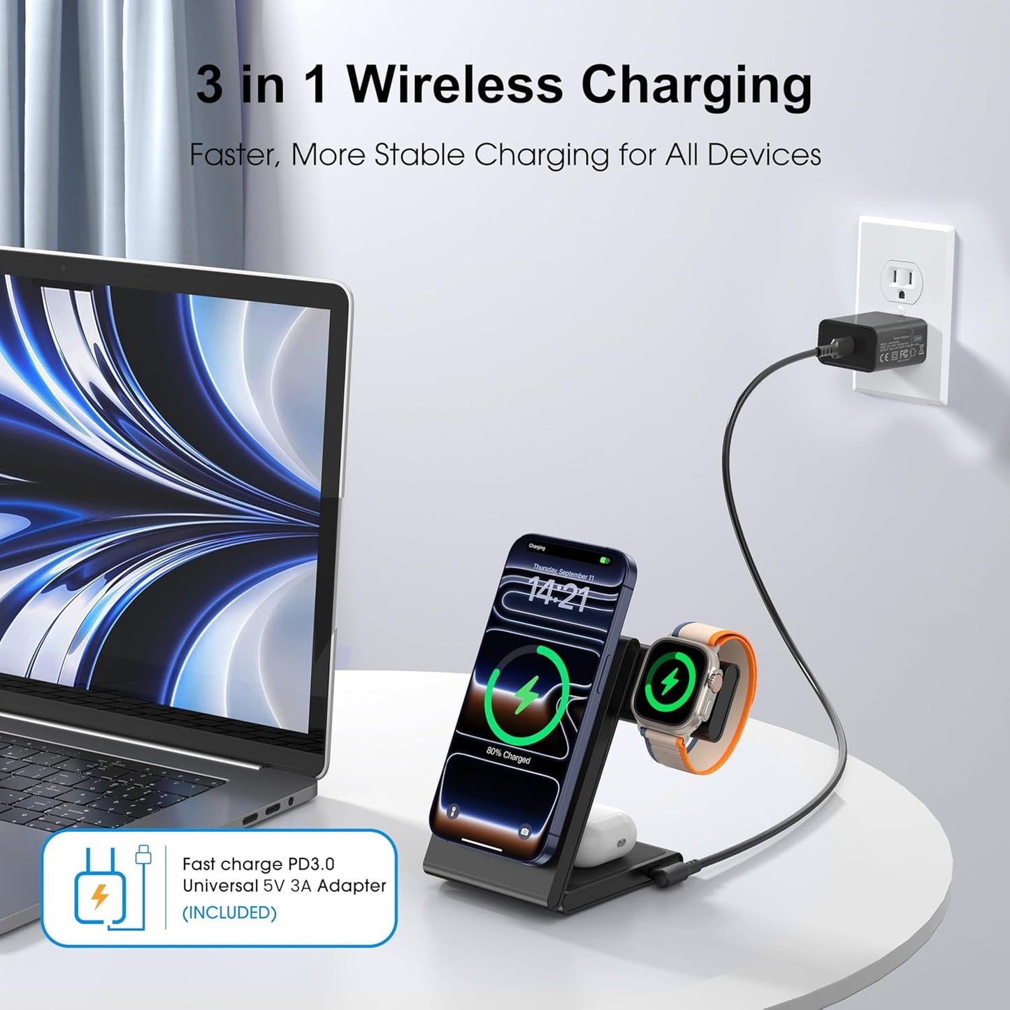 3 in 1 Wireless Charging Station for Multiple Devices, Fast Foldable Travel Mag-Safe Stand for iPhone 17/16/15/14/13 Series, Magnetic Charger for Apple Watch 11/10/Ultra 3/2/AirPods 4 with 20W Adapter