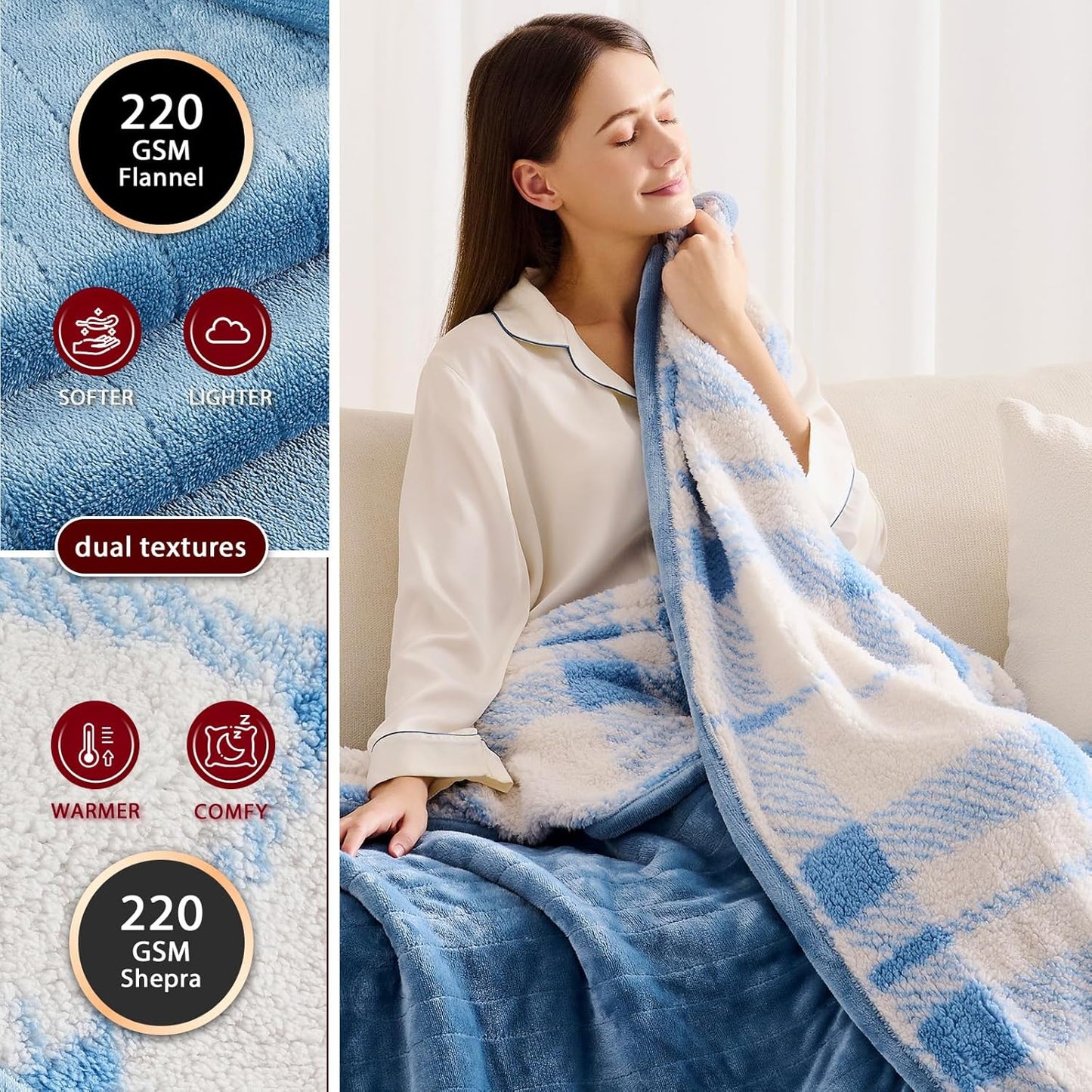 Heated Electric Blanket Twin Size - 62"x84" Flannel Heating Blanket with 10 Heating Levels & 5 Time Settings Over-Heat Protection, Winter Warmer for Adults with ETL Certification（Light Blue）