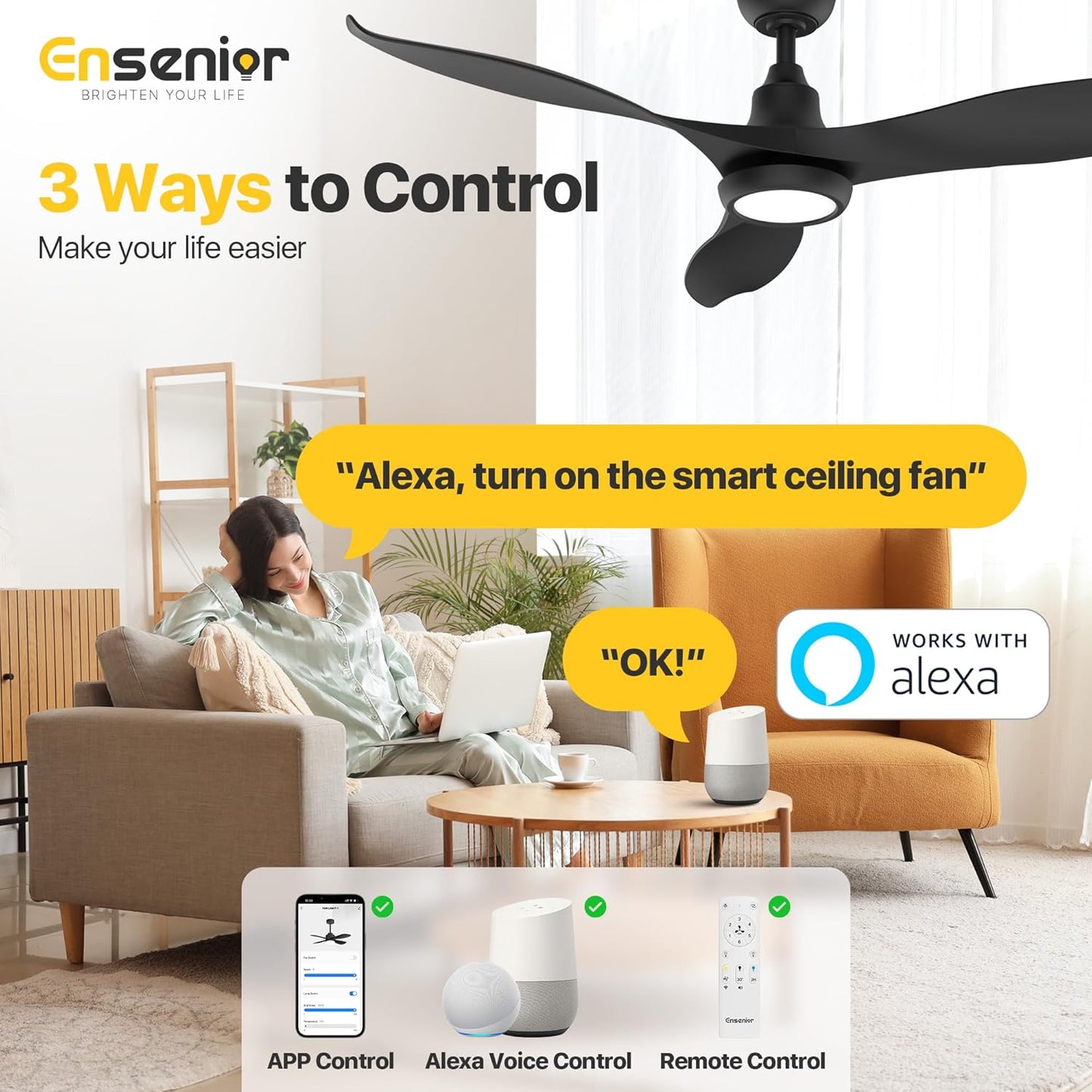 Ensenior 52 Inch Smart Ceiling Fans with Lights and Remote, Control via Alexa Google Voice App, 6 Speeds Reversible DC Motor 3000K-6000K, Dimmable LED, Black Bedroom Ceiling Fan with Lights - 3 Blades