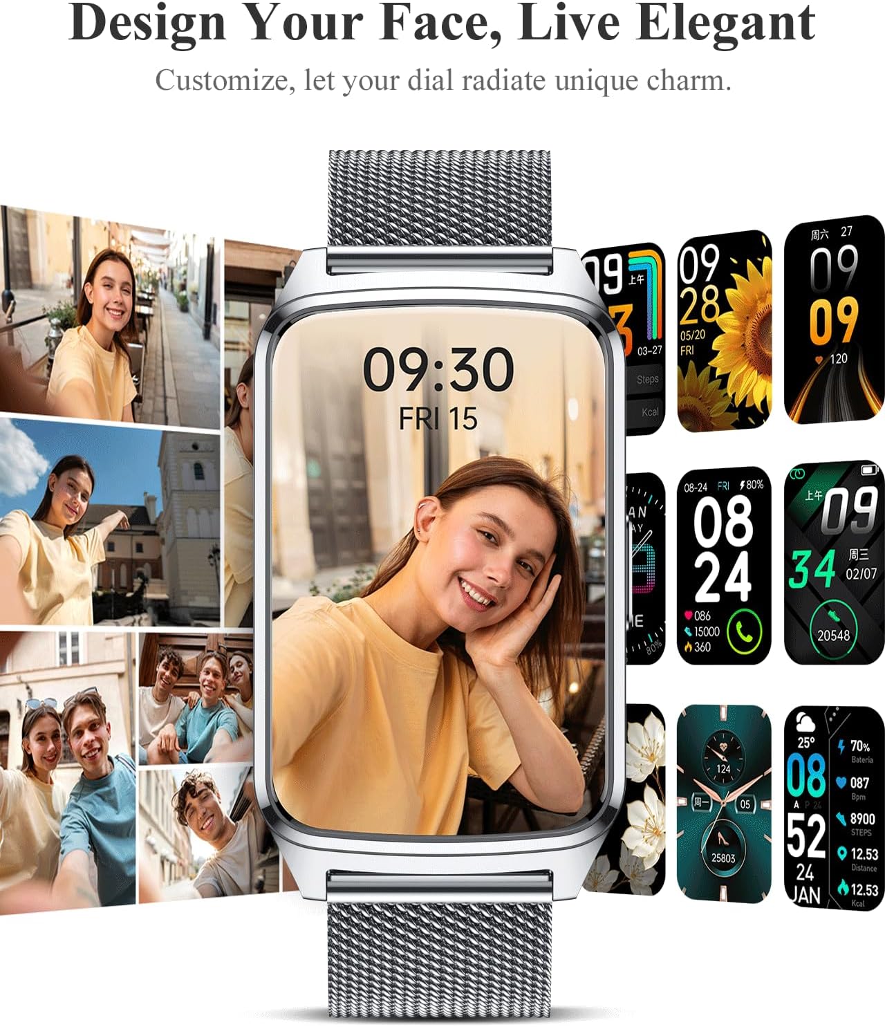 Fitness Tracker Watch for Women Men, Step Counter Compatible with iPhone Android, IP68 Waterproof Activity Tracker with Sleep Monitor, 110+ Sports (Classic, Silver, 1.57)