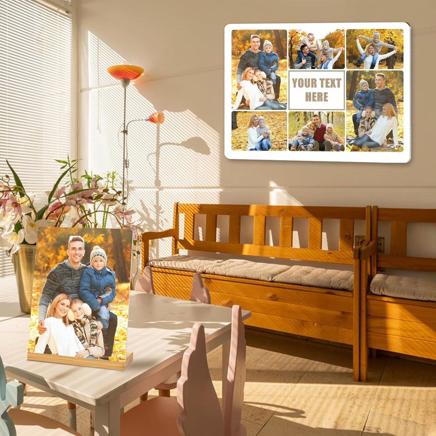 Custom Photo Prints - Metal Desktop Picture Frame with Photos Collage & Text & Wooden Base Personalized Gifts for Family Lovers Pets and Friends, Optional Multiple Sizes