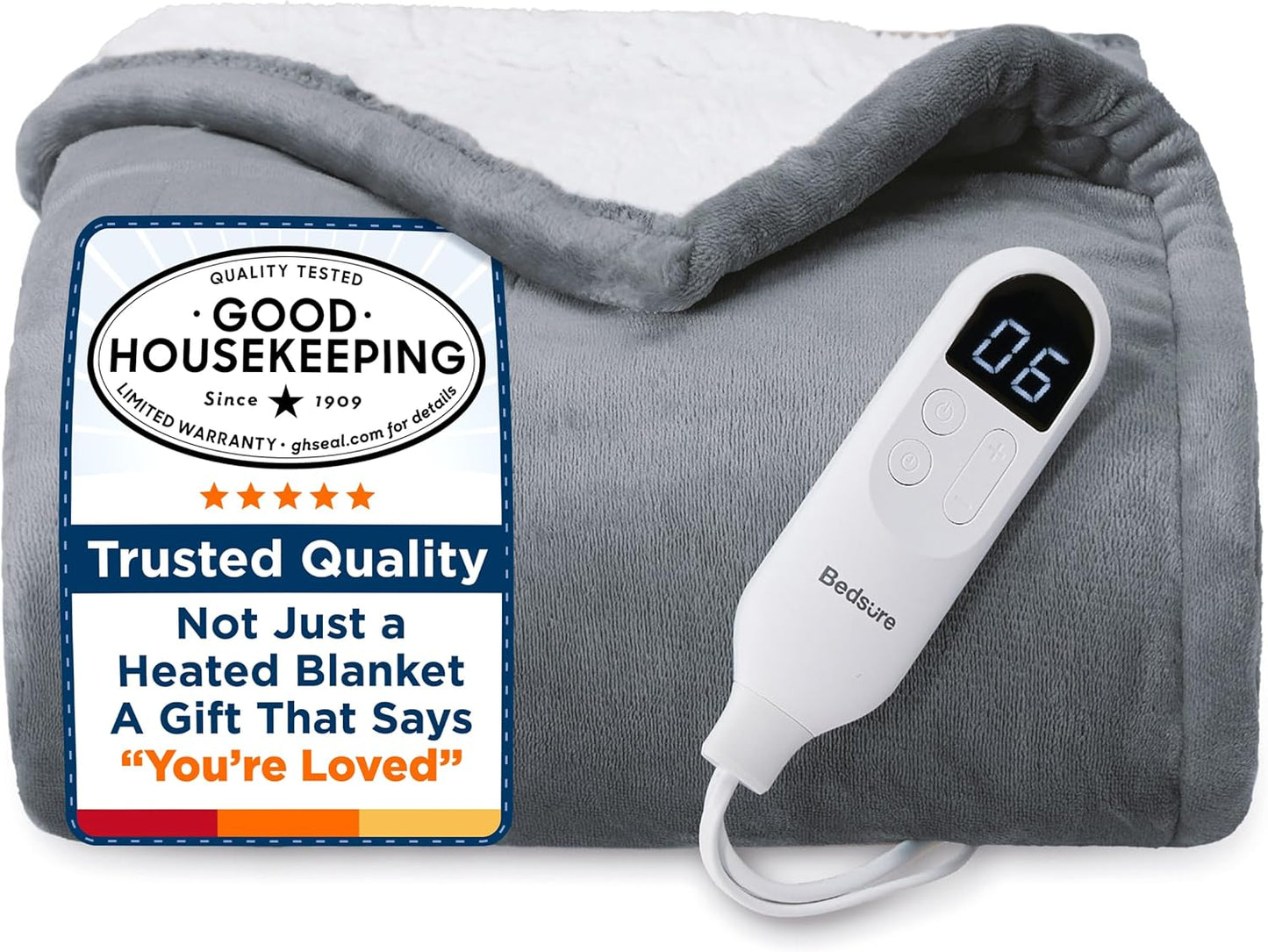 Bedsure Heated Blanket Throw Blanket - Fast Heating Electric Blanket, Soft Flannel Heated Throw with 4 Time Settings, 6 Heating Settings, Warm Gifts for Grandma & Grandpa & Seniors (50“x60”, Grey)