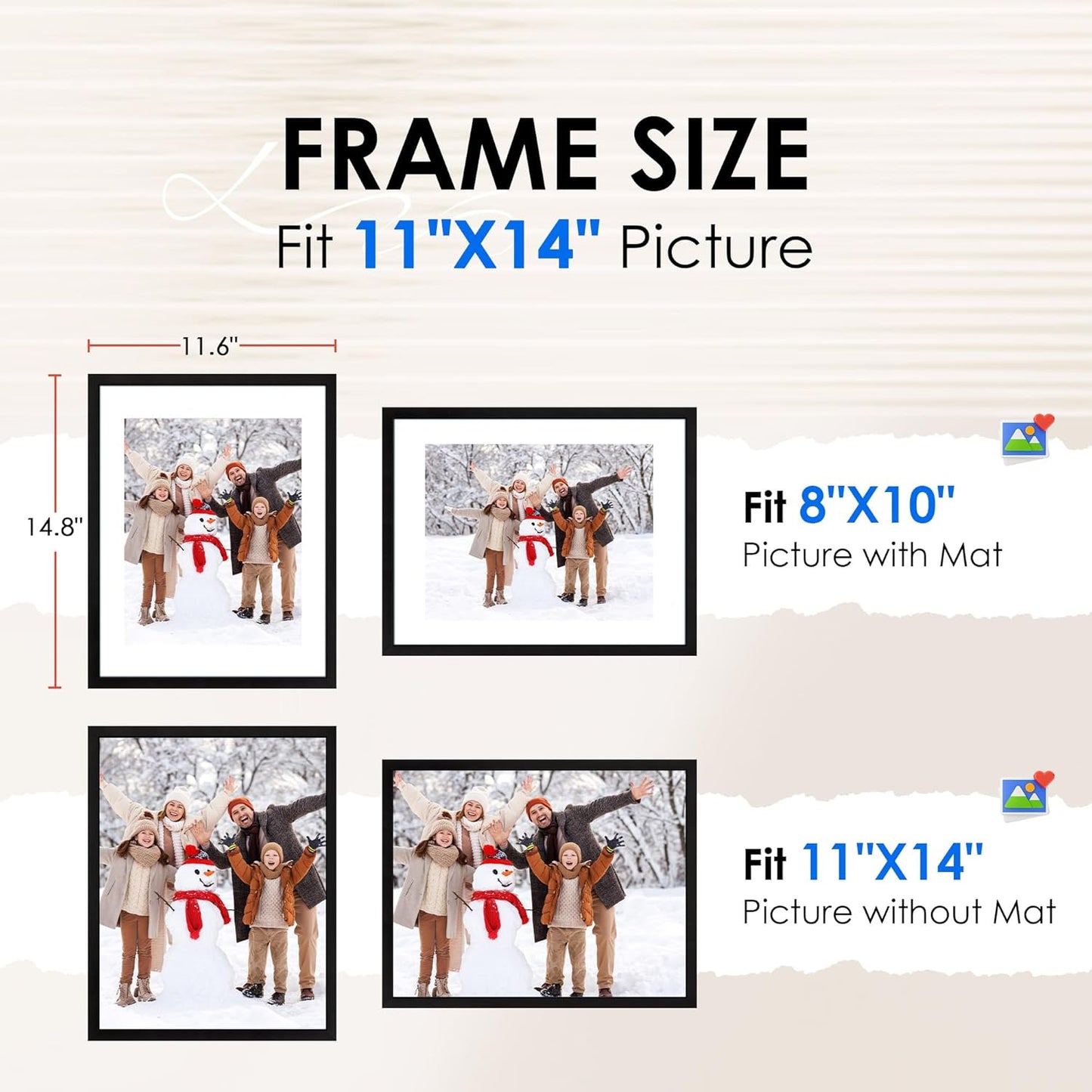 FIXSMITH 11x14 Picture Frame 1 Pack, Photo Frame with HD Plexiglass, Display Pictures 8x10 with Mat or 11x14 Without Mat, Black Picture Frames Collage Wall Decor, Gallary Wall Frame