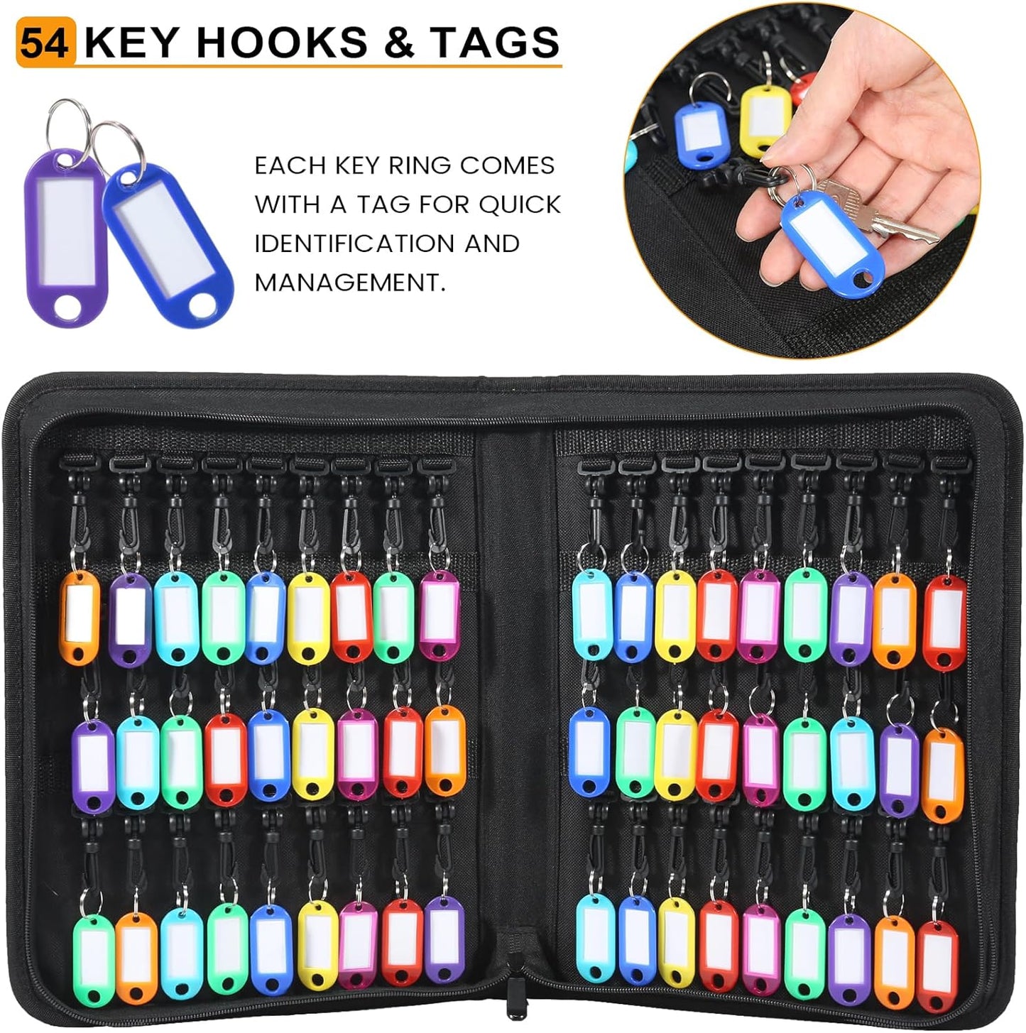 Zippered Key Case Organizer with Handle, Waterproof and Fireproof Key Binder with 54 Hooks and Tags Portable Key Storage Book for Offices Real Estate Agencies Hotels and Rental Management