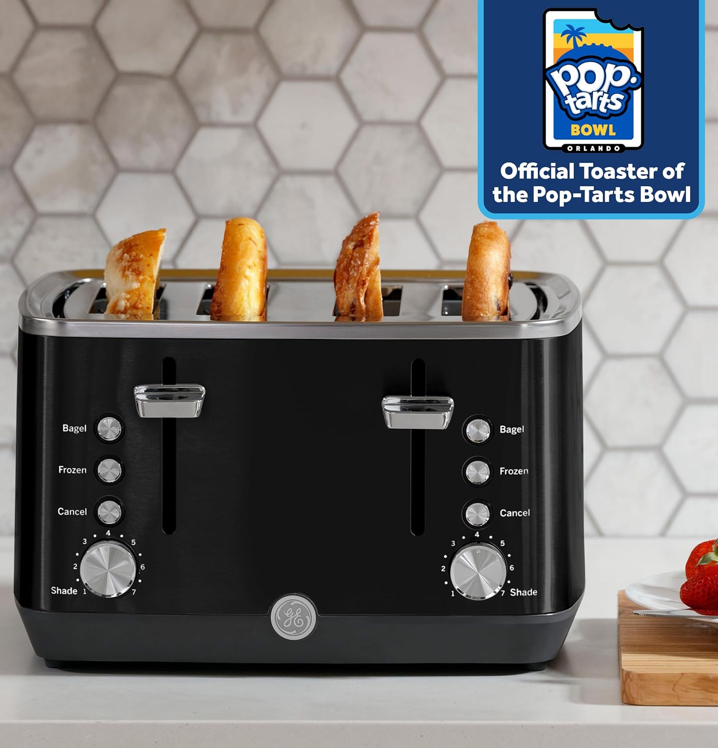 GE 4 Slice Toaster | Extra Wide Slots for Bagels, Breads, Waffles & More | 7 Shade Options | Countertop Kitchen Essentials | 1500 watt, Black