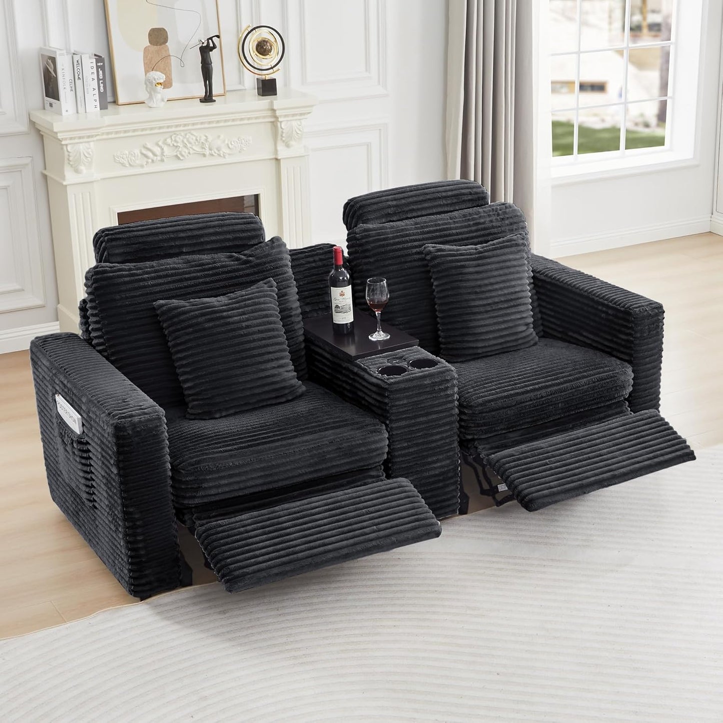 LEVNARY Modular Sofa Armrest Set of 2 with Side Storage Pockets, Faux Rabbit Fur Upholstered Arm Panels, Compatible with Modular Recliner System (Black)