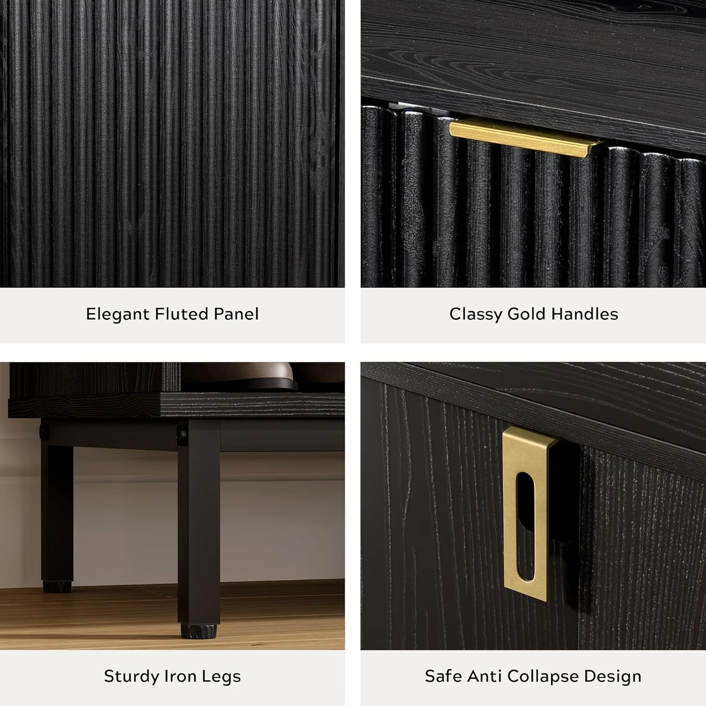 Fluted Shoe Cabinet with Doors, Large Wooden Shoe Storage Cabinet with Hanging Rod, Modern Tall Freestanding Shoe Rack Organizer for Entryway, Hallway Black