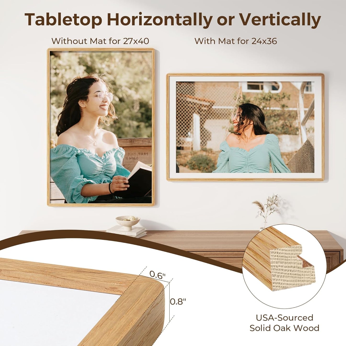 27x40 Picture Frame, 27 x 40 Poster Frame - Solid Oak Wood, 27 by 40 Frame with Tempered Glass, 27"x40" Wood Frame with Mat for 24"x36", Minimalist 27x40 Frames for Wall, Natural Oak Color, 1 Pack