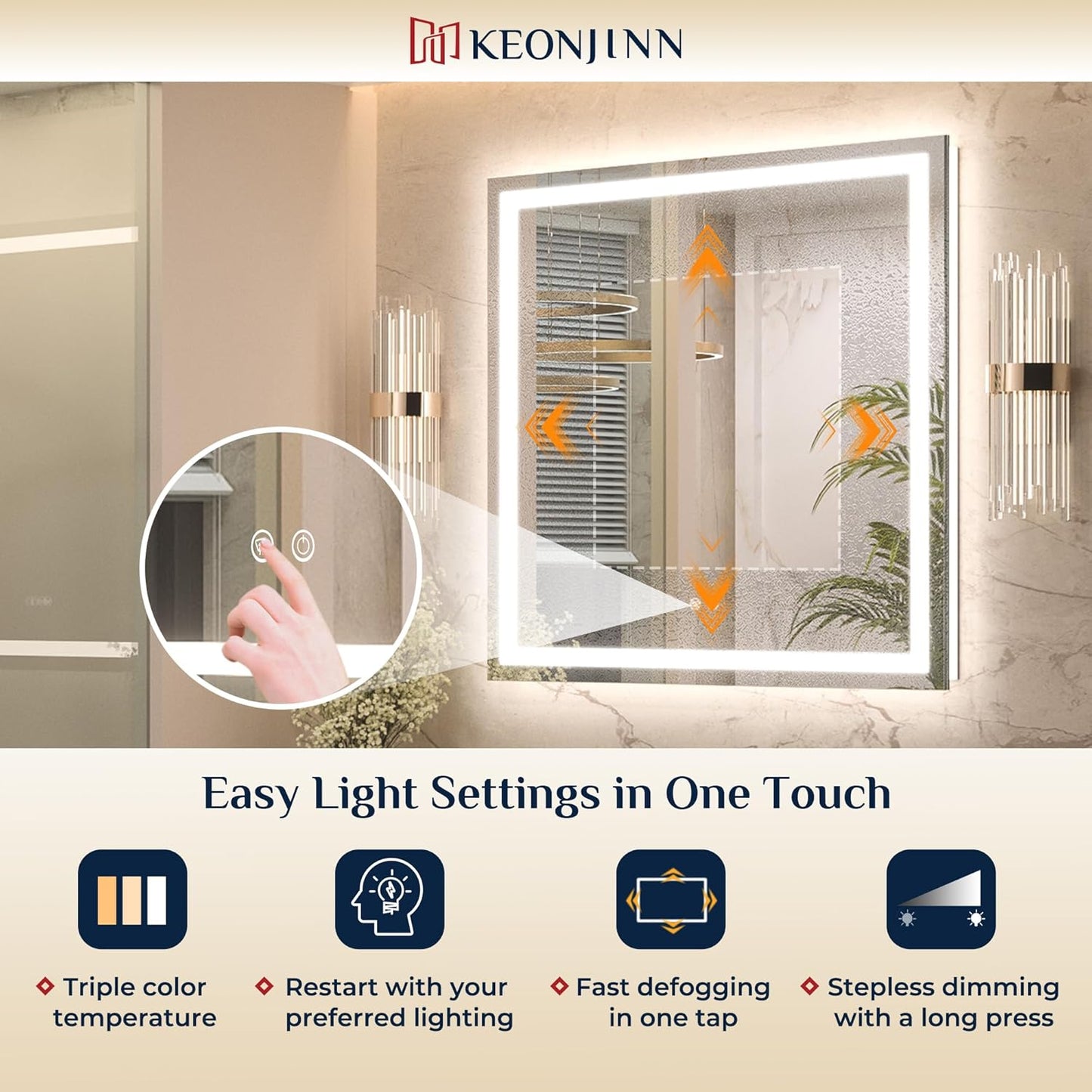 Keonjinn 42 x 36 Inch LED Bathroom Mirror with Lights, Bighter Frontlit & Backlit Vanity Mirror with Stepless Dimmable 3-Color, Anti-Fog Mirror for Wall, HD Tempered Glass, Memory Founction, CR90+