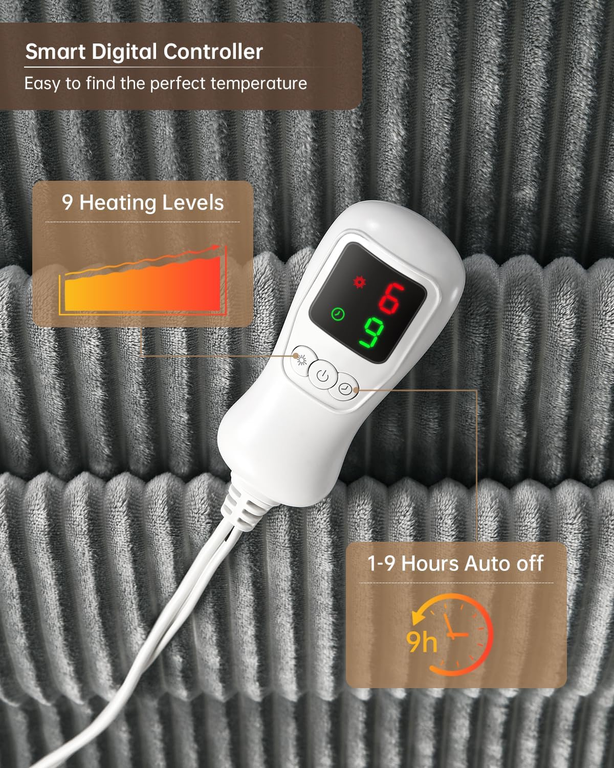 Electric Heated Blanket Twin Size, Washable Blanket Warmer for Home for Adults, Fast Heating, Super Cozy Soft Flannel 62" x 84", 9 Heat Levels, 1-9H Auto-Off, ETL Certified, Silver