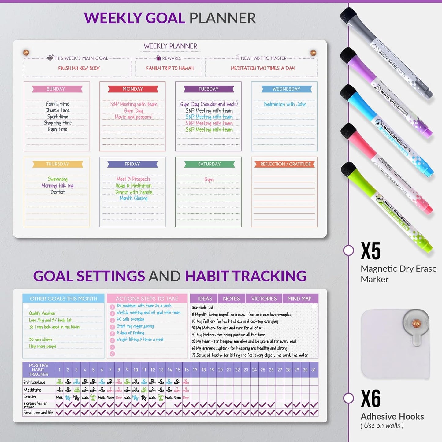 Magnetic Whiteboard for Fridge - Large Dry Erase Calendar for Wall | 2 Magnetic Dry Erase Board 10.5" x 16.5" & 7" x 16.5", Monthly Goal Setting & Habit Tracker, 5 Markers and 6 Adhesive Hooks