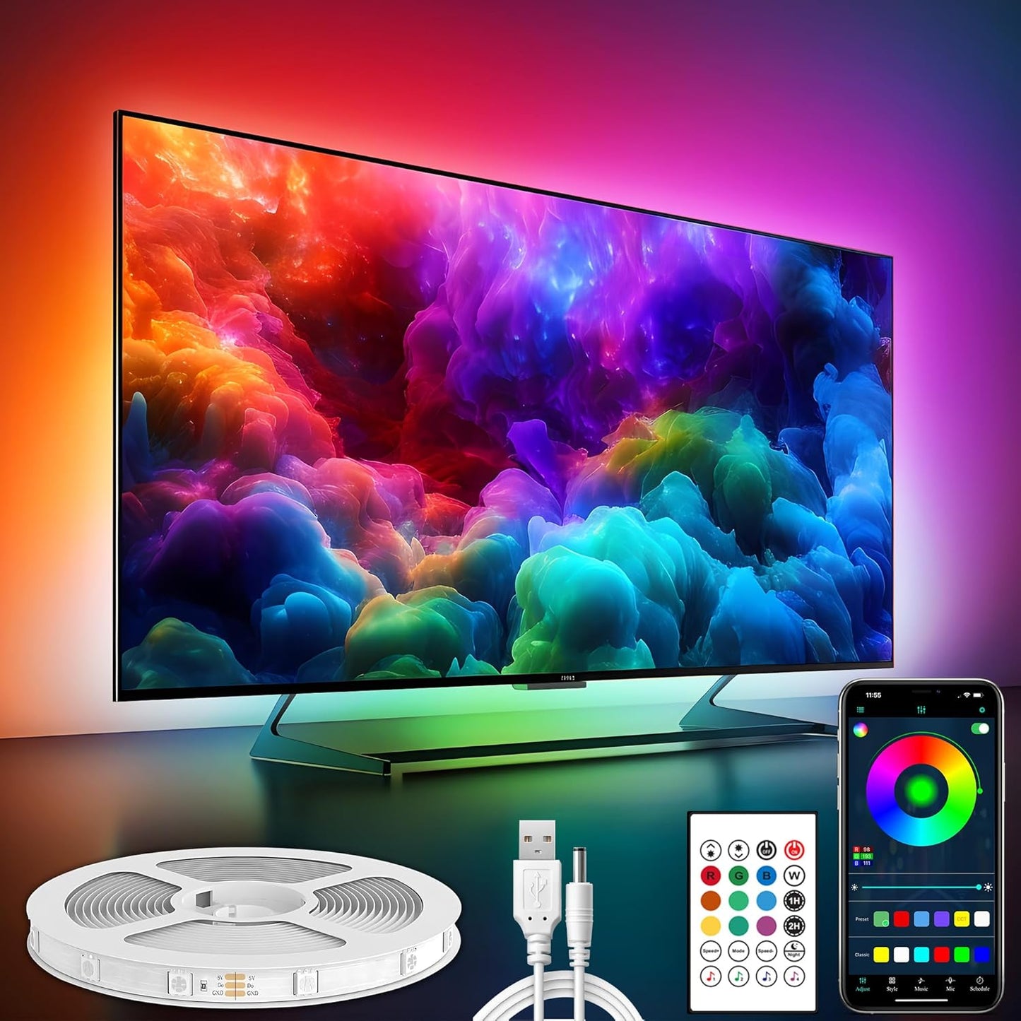 Maylit ICRGB TV LED Backlight, App Control Lights for 37-70in Monitor, Music Sync Color Changing Strip Lights for Home Decor, USB Powered Gaming Accessories for Bedroom Room Decor