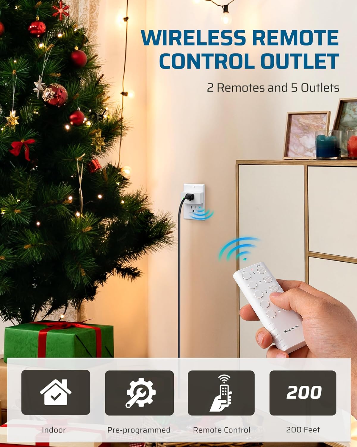 DEWENWILS 200FT Range Remote Control Outlet, No Interference Strong Signal, Indoor Wireless Outlet Switch for Lamps, Fans, Christmas Lights, 15A/1800W, ETL Listed (5 Outlets + 2 Remotes)