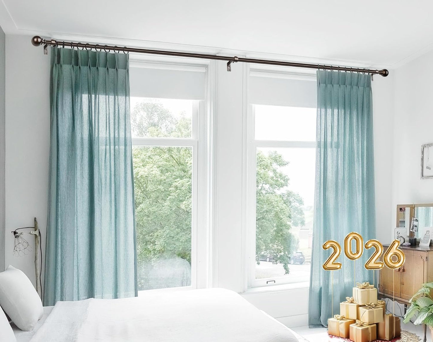 KAMANINA Curtain Rods 32 to 58 Inches (2.6-4.8ft), Antique Bronze Single Curtain Rod for Windows, 7/8 Inch Decorative Drapery Rod with Round Finials