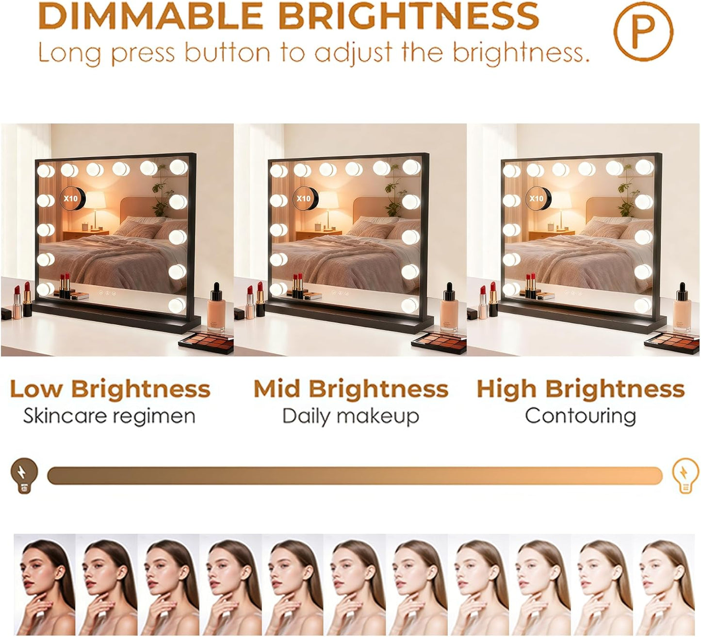 Lighted Vanity Mirror, Hollywood Style, 14.5 Inch LED Makeup Mirror, White/Black, Metal Frame, 10x Magnification, 3 Dimming Modes, Smart Touch Control (Black)