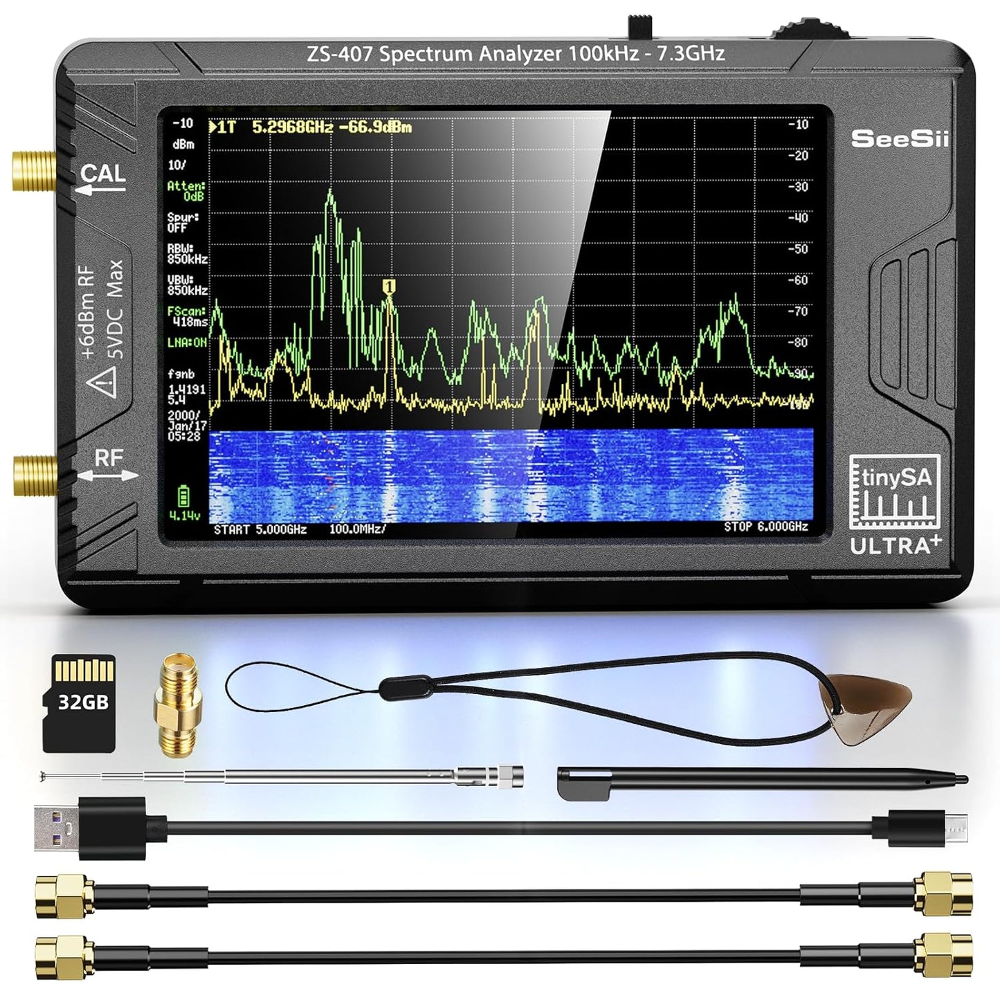 SeeSii TinySA Ultra+ ZS407 7.3GHz Spectrum Analyzer: 2025 Upgraded 4 Inch HW V0.5.4 100kHz-7.3GHz Handheld Tiny Frequency Analyzer - 2-in-1 RF Signal Generator 100kHz to 900MHz MF/HF/VHF UHF
