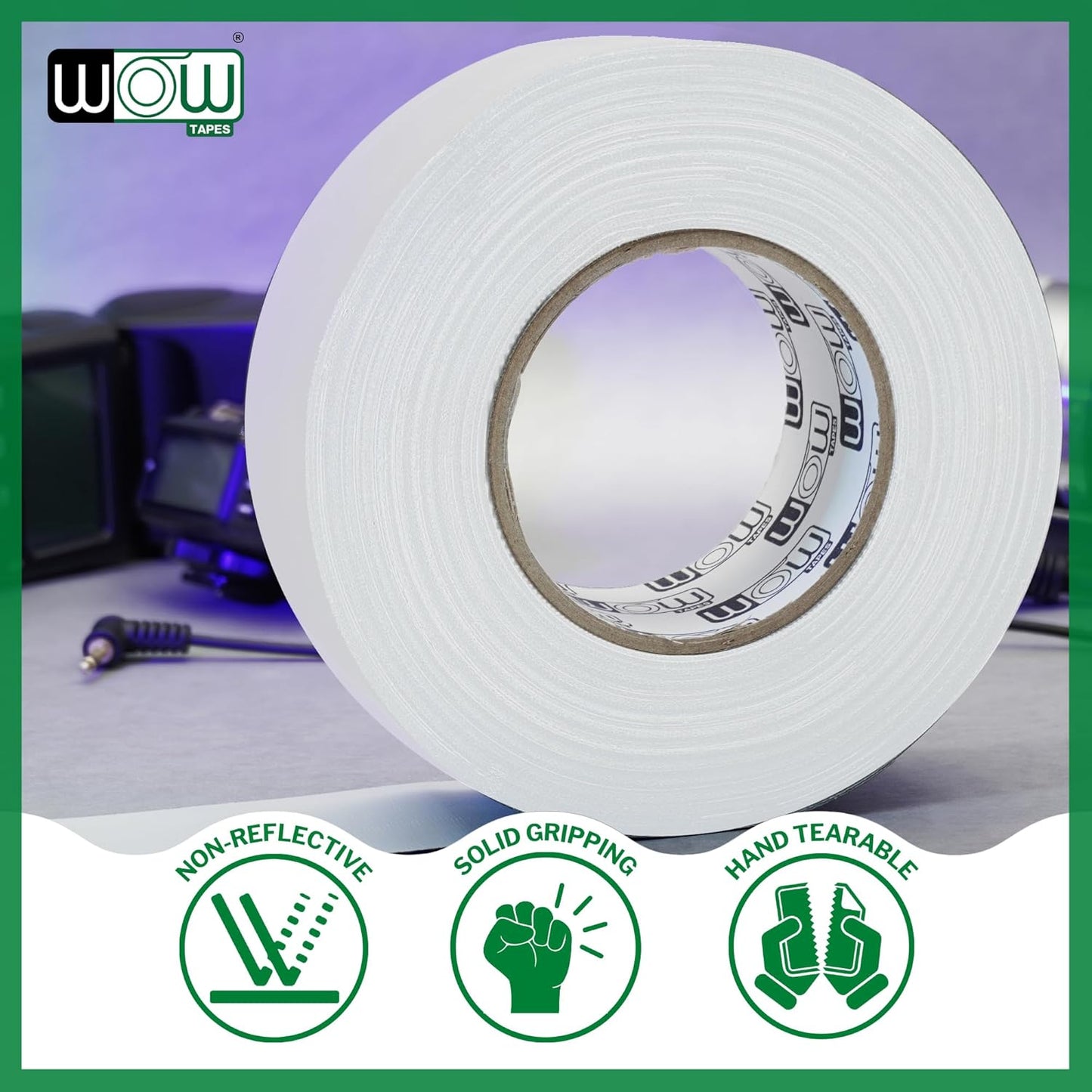 Wow Gaffers Tape 2 Inch White - 50 Yards, Residue Free, Non-Reflective & Heavy-Duty - Professional Grade Gaff Tape - Ideal for Photography Backdrop, Cables, Cords & Floor Taping