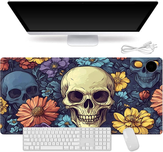 Small Heated Desk Pad 23.6" x 14.2" – Compact Electric Mouse Pad with 3 Heating Levels, Auto Shut-Off, Waterproof PU Surface, Plug-in Warmer for Office or Home Use, Floral Skull