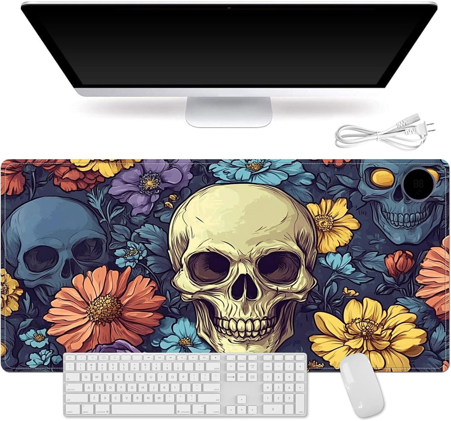 Heated Mouse Pad for Desk 31.5" x 13" – PU Leather Warm Desk Pad with 3 Heat Levels (104°F/113°F/122°F), Plug-in Electric Heating Mat with Auto Shut-Off, Waterproof & Rollable, Floral Skull