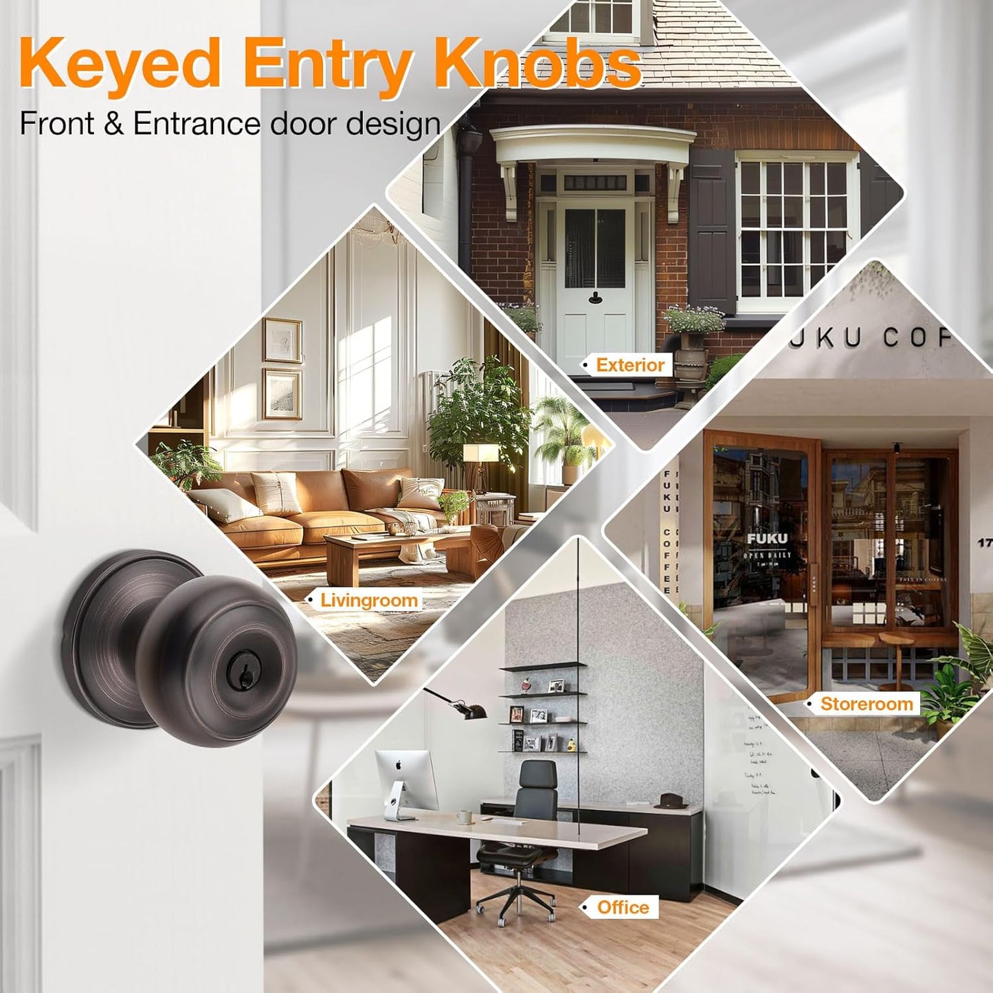Gobrico Flat Ball Round Keyed-Alike Entry Knob for Exterior Door Oil Rubbed Bronze Finished 3Pack