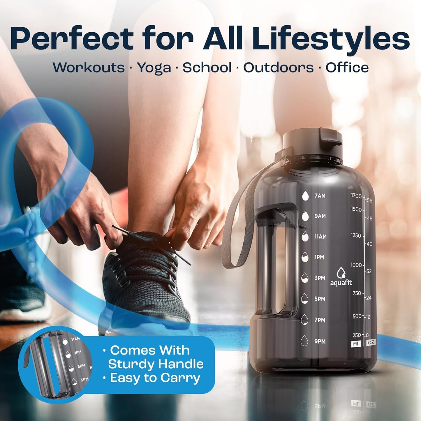 AQUAFIT 64 oz Water Bottle with Time Marker - Straw & Chug Lid - BPA Free Half Gallon Gym Water Bottle with Handle - Big Gallon Jug (Aqua, 64 Ounces)