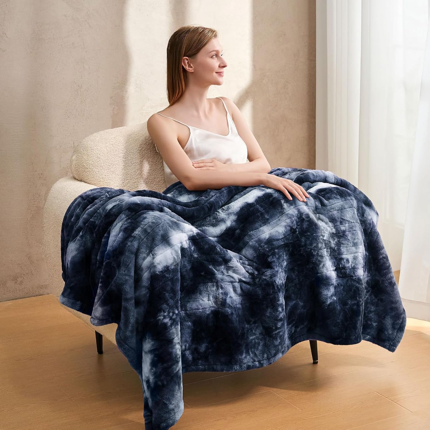 Electric Heated Throw Blanket 62"x84",Luxury Blue Twin Faux Rabbit Fur Electric Blanket,Fast Heating Soft Fluffy Thick Electric Blanket with 6 Heating Levels & 12H Auto Off