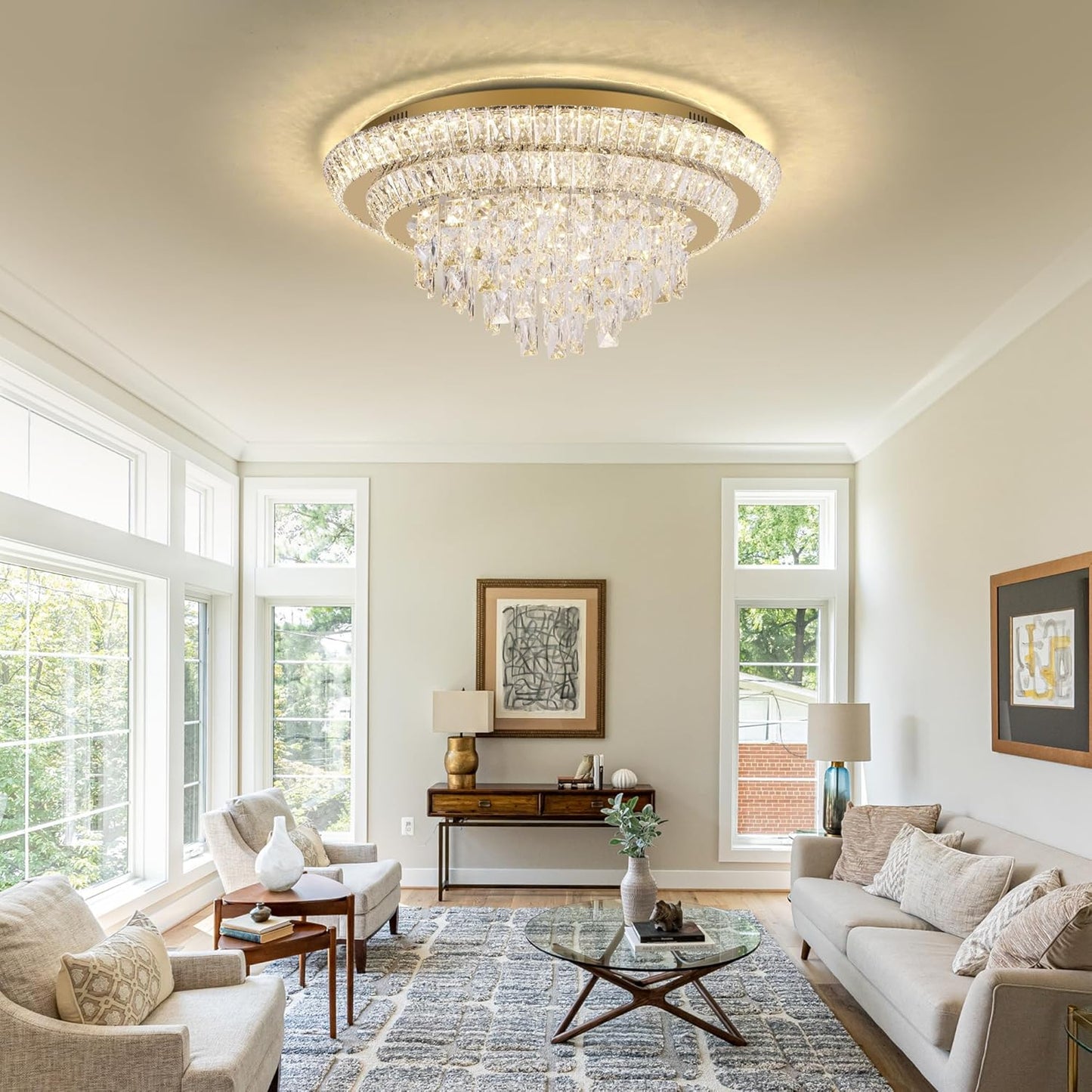 24 inch Flush Mount Crystal Chandelierse with Remote and APP Gold, Modern Elegant LED Crystal Raindrop Ceiling Light Fixtur, 3CCT Dimmable, for Living Room Kitchen Island Bedroom Entryway Foyer