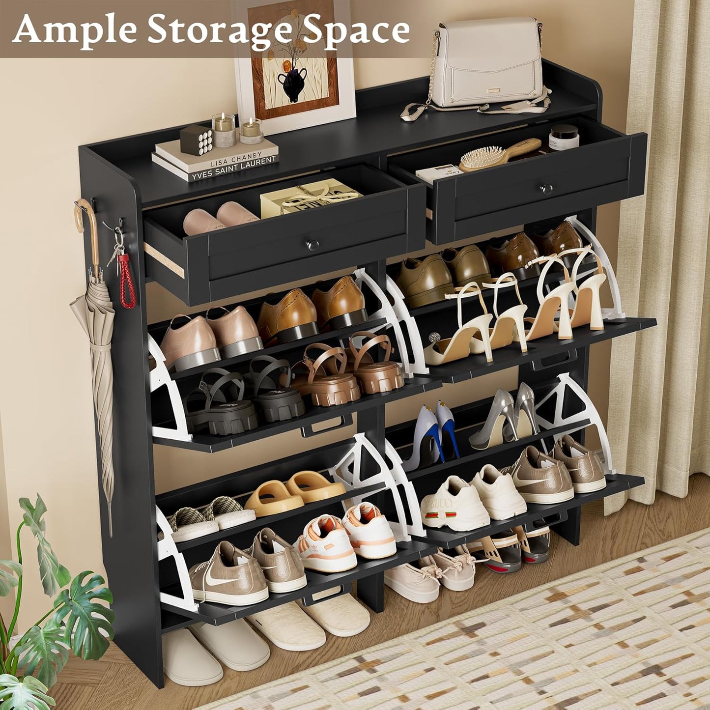 Shoe Storage Cabinet for Entryway, Farmhouse Wide Shoe Cabinet with 4 Flip Drawers and 2 Top Drawers, Freestanding Organizer with Adjustable Shelves, Hooks, and Anti-Tip Kit for Hallway