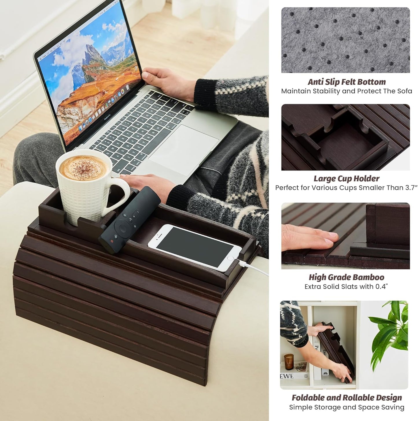 GEHE Detachable Couch Cup Holder, Anti Falling Sofa Arm Tray, Natural Bamboo Sofa Cup Holder More Safe for You Family, Portable Couch Arm Tray Armrest Table for Remote, Snacks, Phone, Drinks