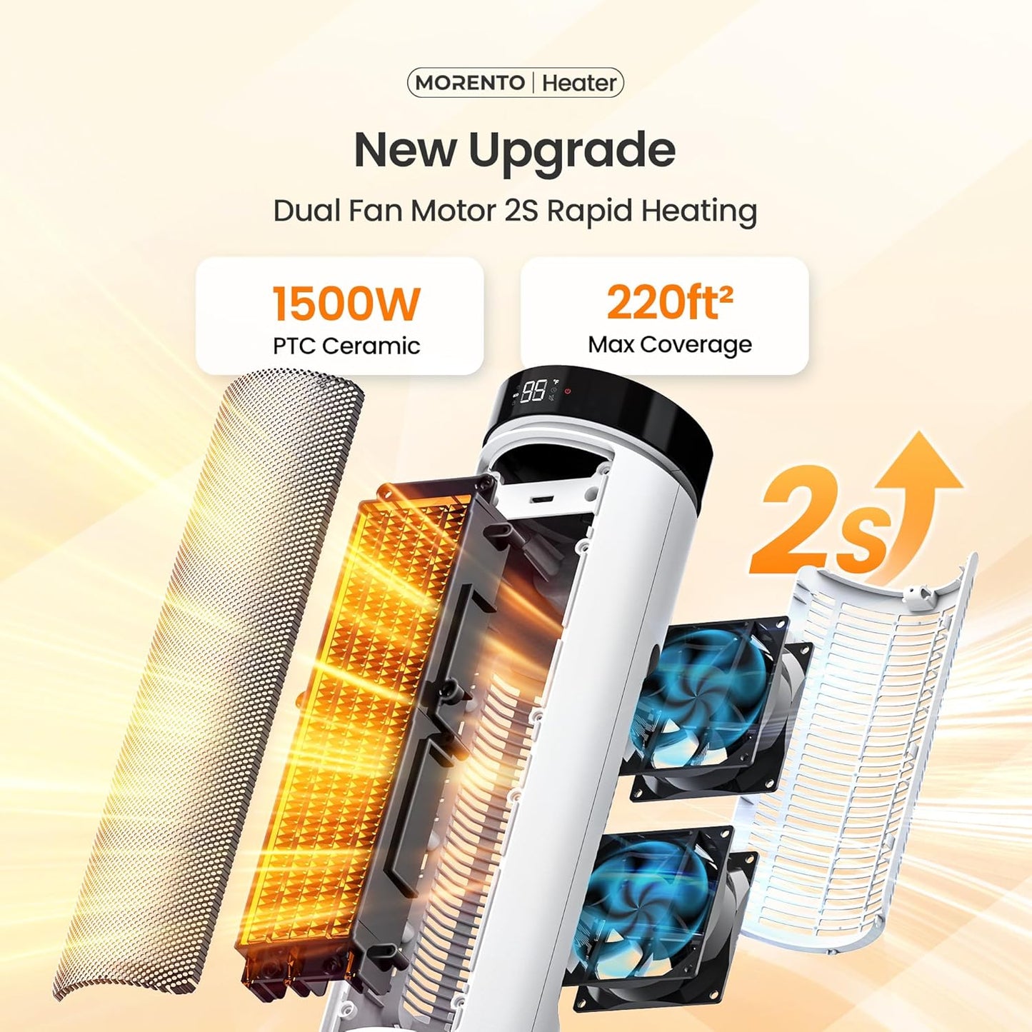 MORENTO Space Heater for Indoor Use, 1500W Ceramic Fast Heat, Electric Space Heater for Large Room with Remote, Thermostat, Digital Display, 5 Modes, 12H Timer, 70° Oscillation, 23dB White 1 Pack