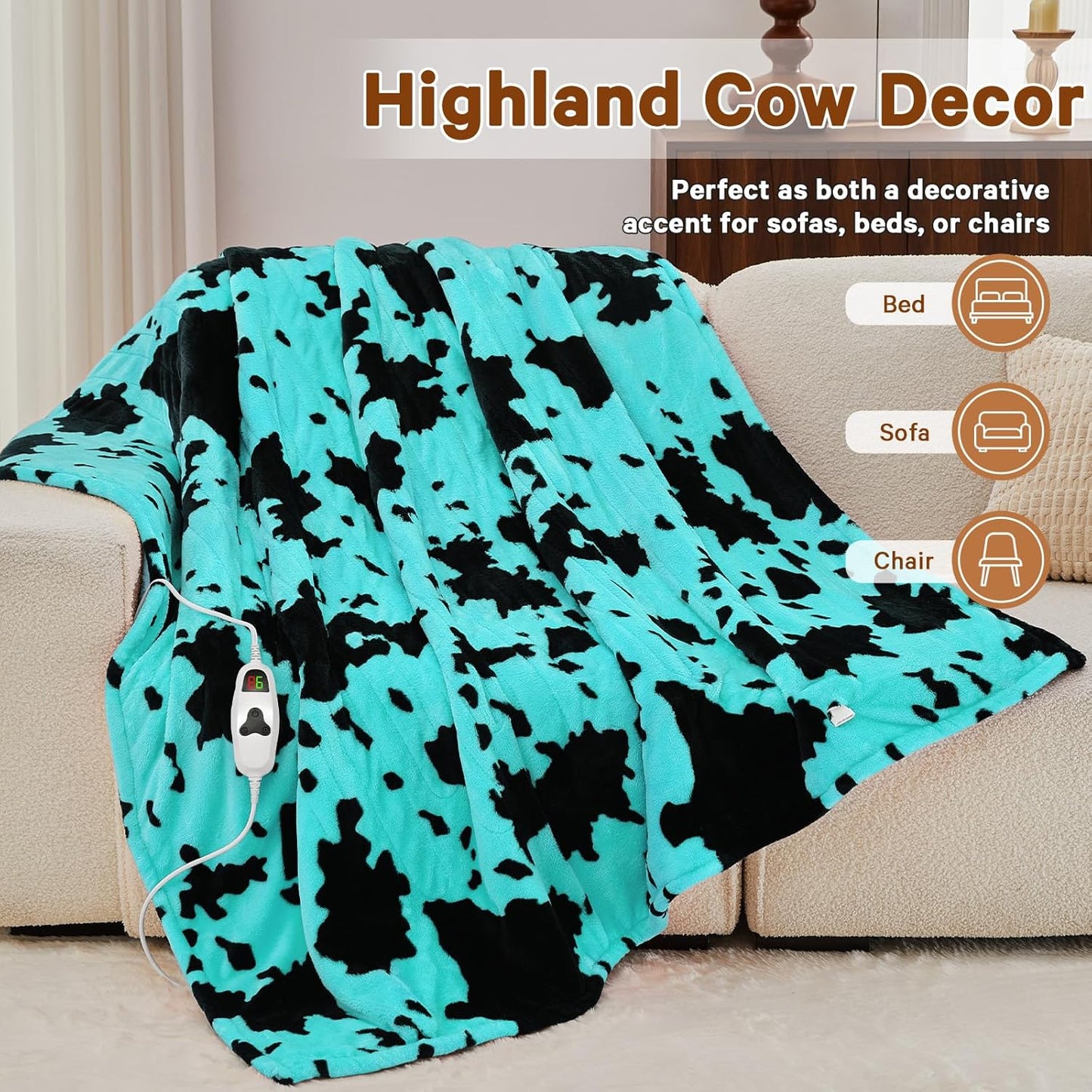 Cow Print Heated Electric Blanket Twin Size,62X84 Green Heating Blanket with 10 Heats Levels & 8 Hours Auto Off,Highland Cow Fleece Sherpa Blankets Warmer Gifts for Women Adults Couch,Washable