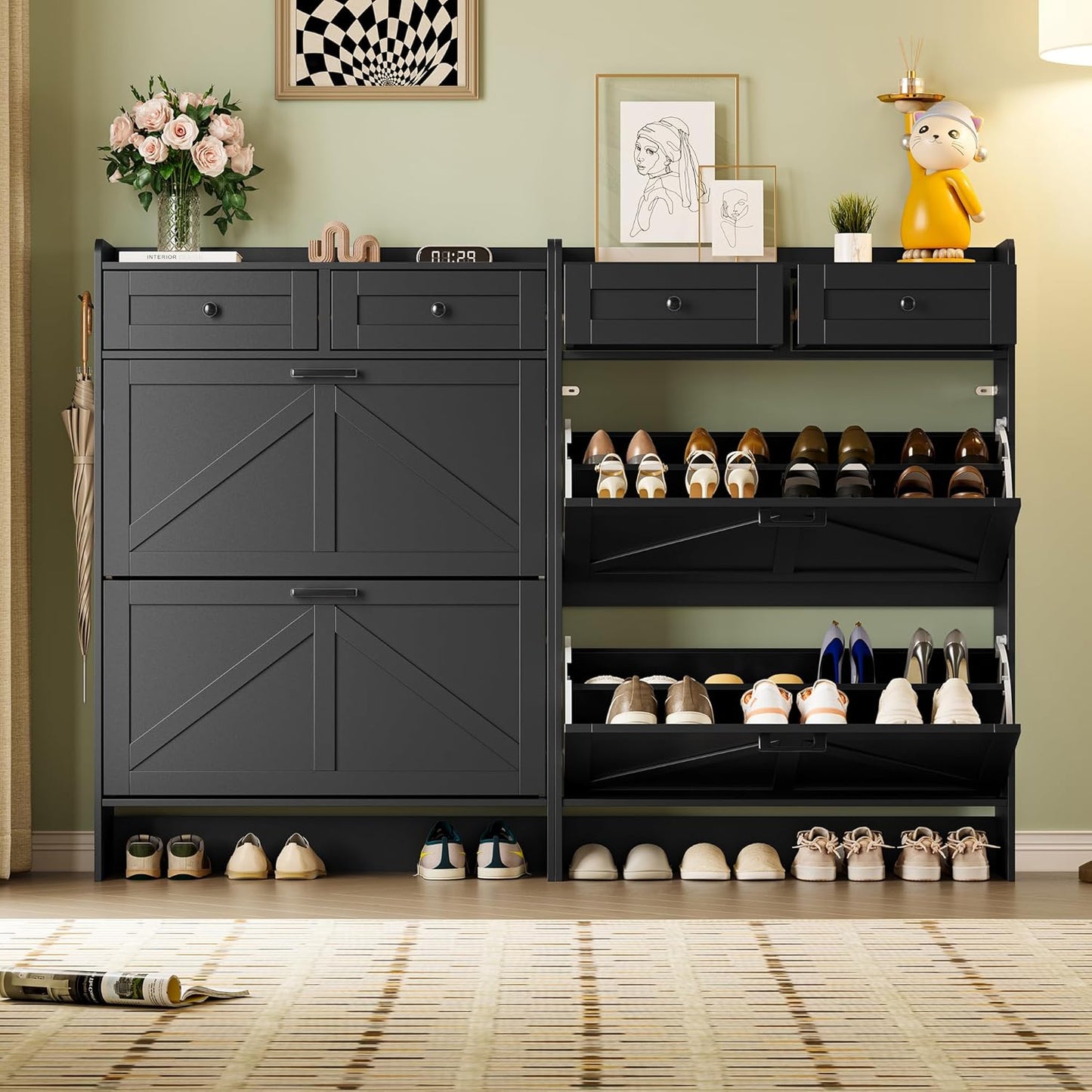 Shoe Storage Cabinet for Entryway, Farmhouse Narrow Shoe Cabinet with 2 Flip Drawers & Top Drawers, Adjustable Shelves & Hooks, Freestanding Hidden Rack Organizer for Hallway, Foyer