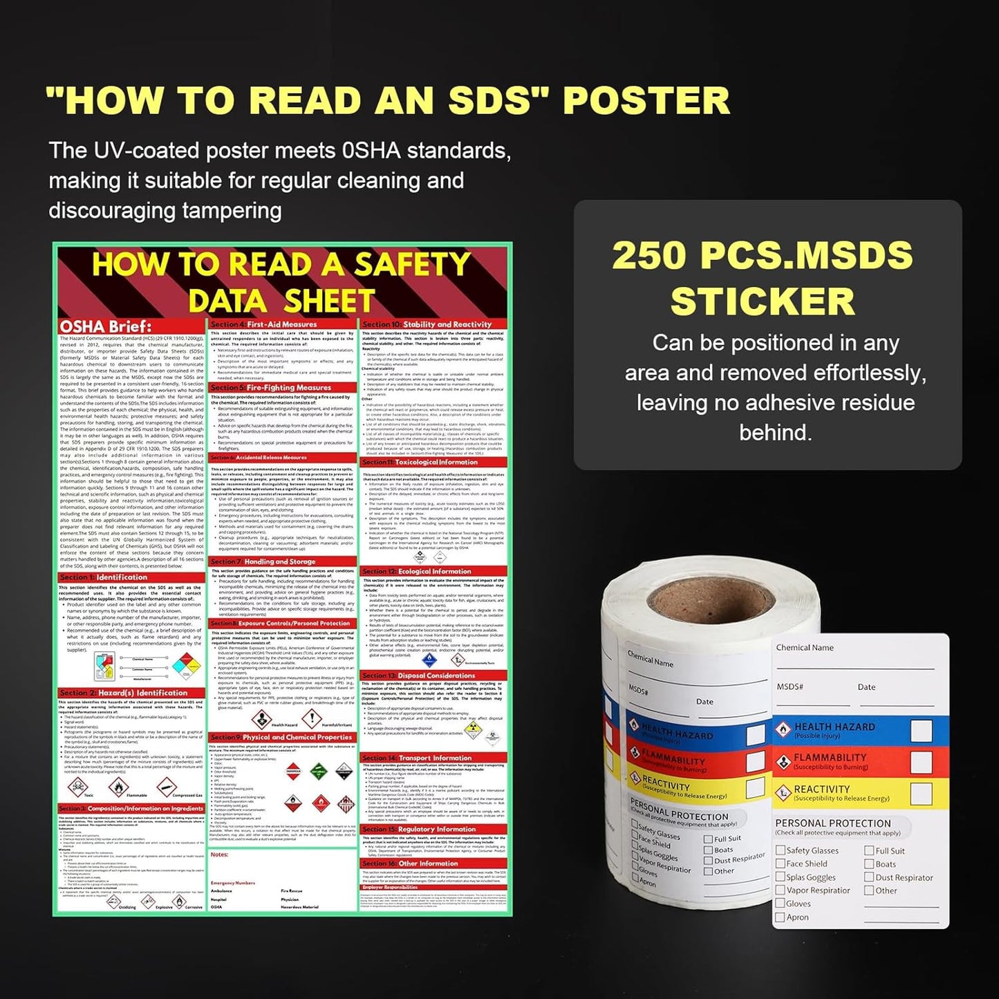 MSDS Yellow Heavy Duty 3 Inch Material Safety Data Sheet 3 Ring Binder with SDS Wire Rack, Display Sign, Chain, Safety Posters, Labels, Wall Mount