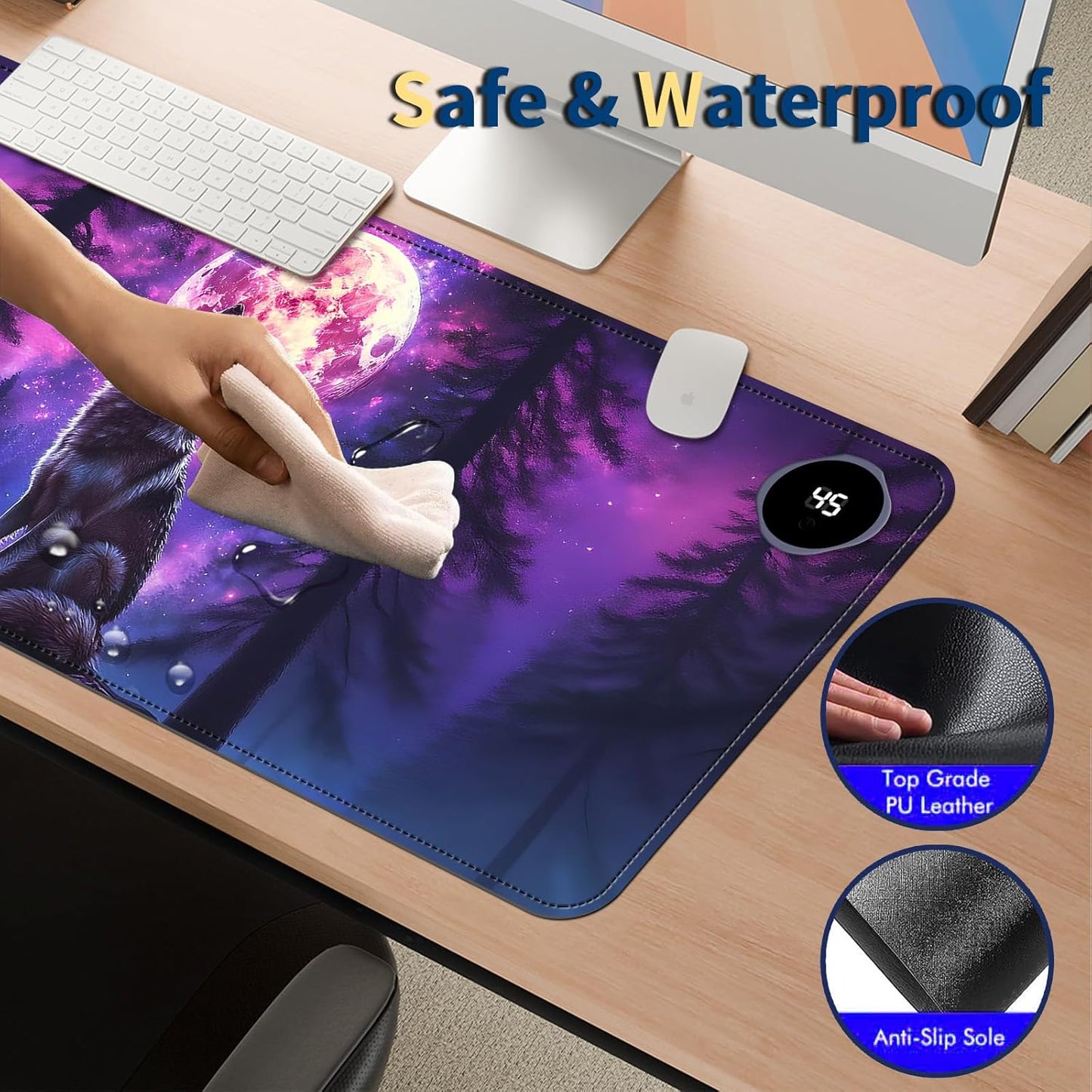 Heated Mouse Pad with 3 Temperature Settings(104°F–122°F),Large 31.5x13 Inch PU Leather Heated Desk Mat,Waterproof Warming Pad for Office,Gaming & Cold Hands Relief,Moon Wolf Howling