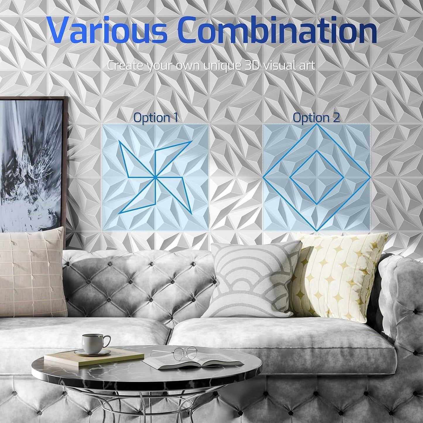 32 Pack White 3D Wall Panels for Interior Wall Decor, 11.8'' x 11.8'' Decorative Wall Panels, Accent Wall Panels, 3D Diamond Design Wall Decor for Living Room, Bedroom, Gaming Room