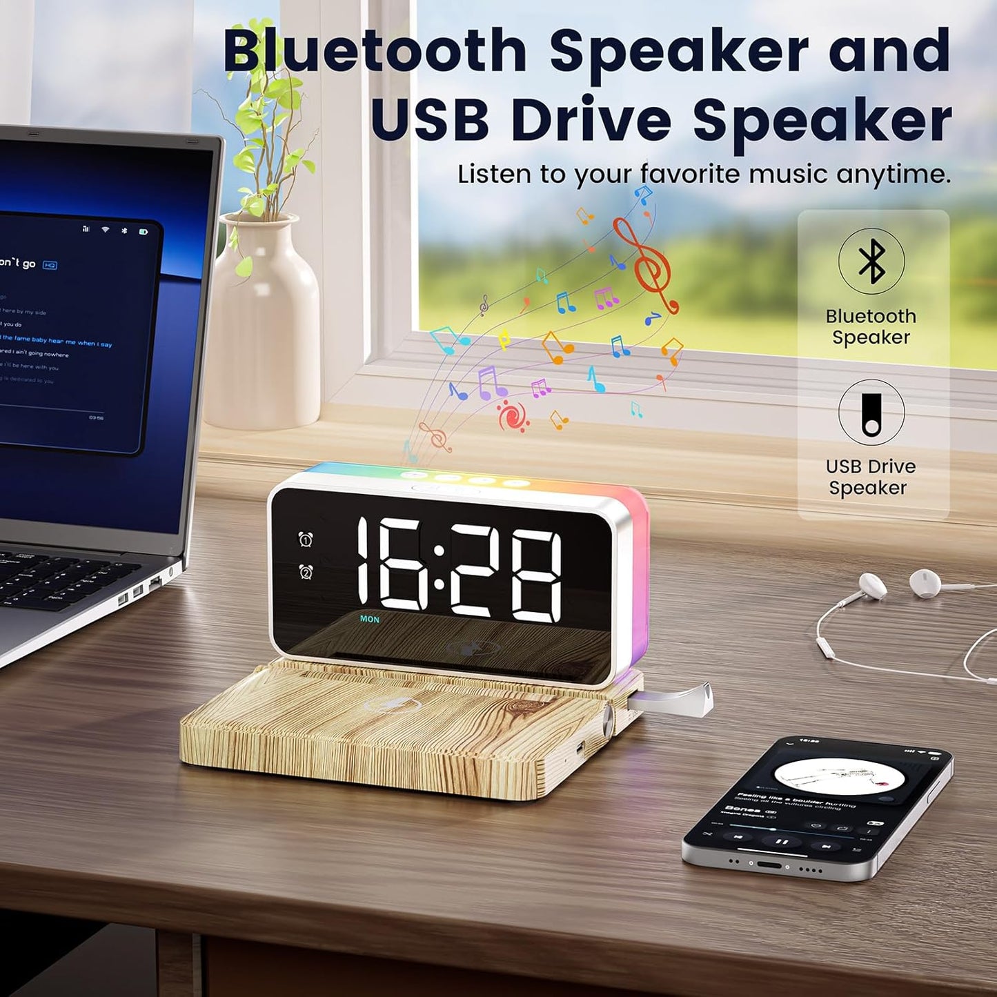 Alarm Clocks for Bedrooms with Wireless Charger Station, Bluetooth Speaker, Woodgrain, White Noise Sound Machines, RGB Night Lights, Ideal Gift for Adult Man Women Teen Girls Boys