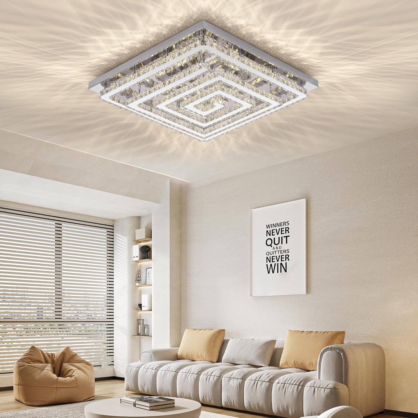 43" Modern Crystal Chandelier with Remote/APP Control, Dimmable Flush Mount Ceiling Light Fixture, 3-Color Temperature, Led Ceiling Lamp for Living Room Bedroom Kitchen Dining Room Entryway