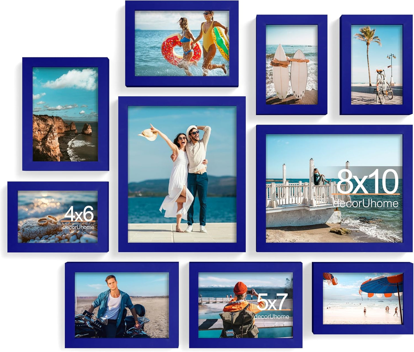 decorUhome Picture Frames Collage Wall Decor for Photo Gallery Display, Assorted Picture Frames set of 10 Including Two 8x10 / Four 5x7 / Four 4x6 for Family Wall Decor, Royal Blue, 10 Pack