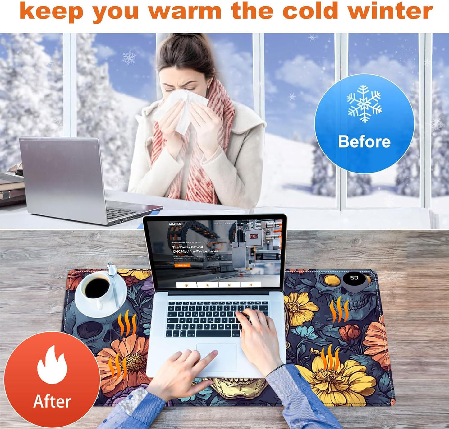 Heated Mouse Pad for Desk 31.5" x 13" – PU Leather Warm Desk Pad with 3 Heat Levels (104°F/113°F/122°F), Plug-in Electric Heating Mat with Auto Shut-Off, Waterproof & Rollable, Floral Skull