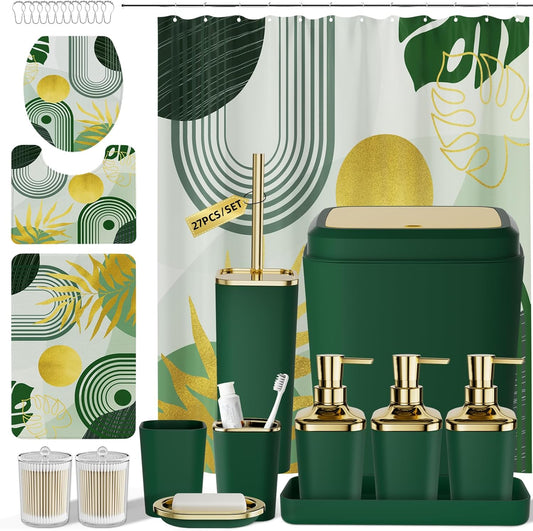 Bathroom Set - Bathroom Sets with Shower Curtain and Rugs, Bathroom Accessory Set, Dark Green Bathroom Accessories Set with Trash Can, Toilet Brush and Soap Dispensers