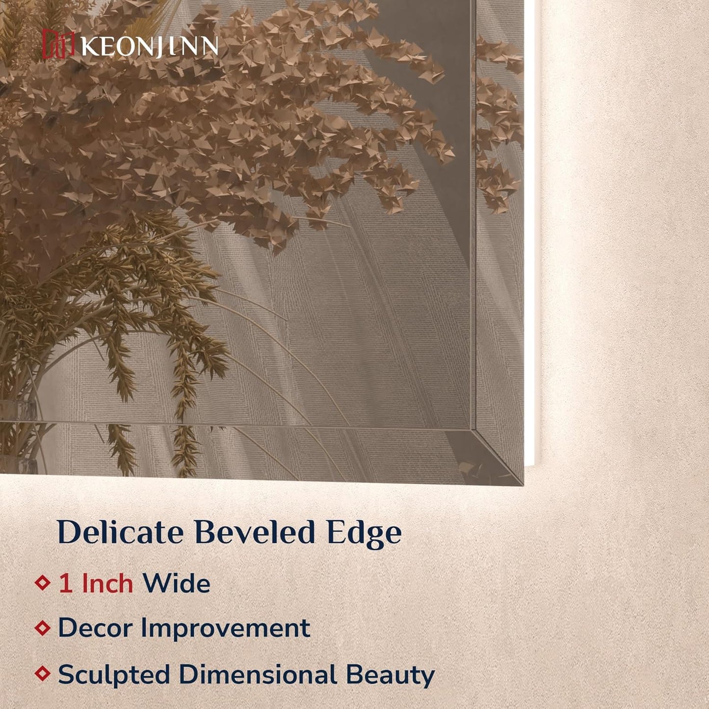 Keonjinn LED Mirror Backlit 24 x 30 Inch, Beveled Bathroom Mirror with Backlight, UL-Listed, Safe Tempered Glass, 3 Color Lights, Dimmable, Defogging, Frameless Lighted Vanity Mirrors for Wall