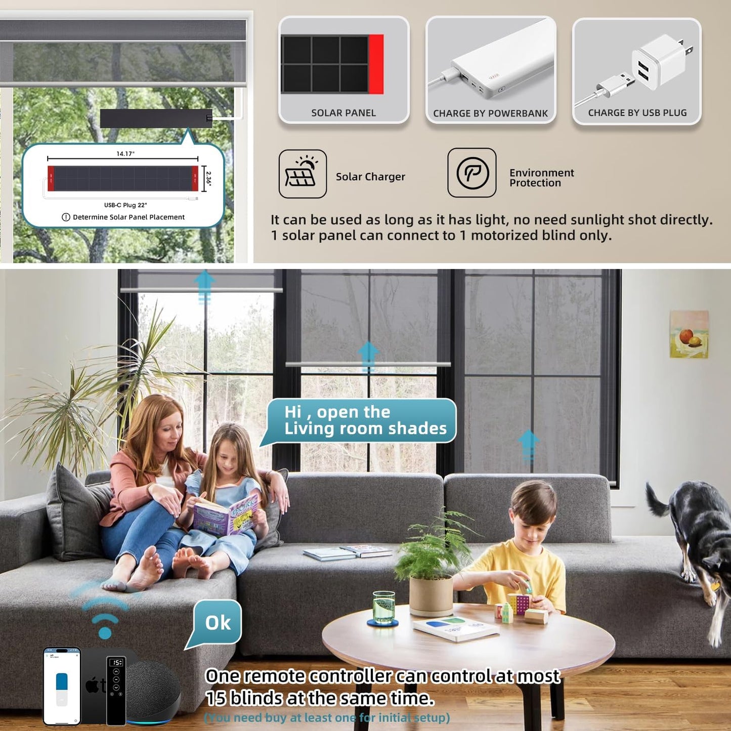SmartWings Motorized Light Filtering Roller Shades 60% Blackout Custom Size, Rechargeable Battery, Works with Matter/Apple HomeKit, Alexa, Thread/Zigbee, Remote Optional, 60% Twilight Heather Grey