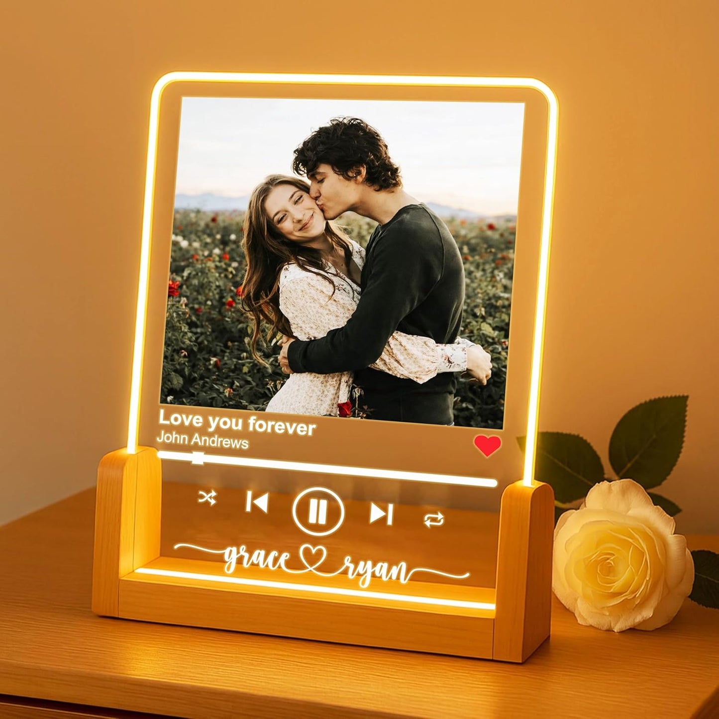 NAZENTI Personalized Couple Photo Frame with Light, Custom Picture Plaque with Stand, Couple Music Song Night Light, Gift for Him, Valentine Day Gifts for Girlfriend Boyfriend