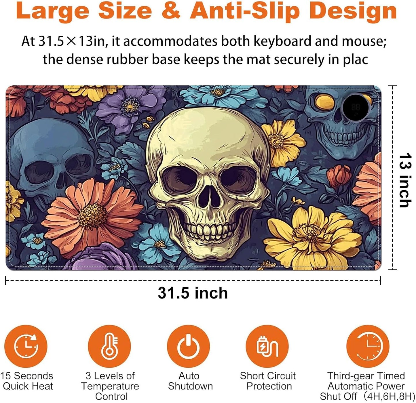 Heated Mouse Pad for Desk 31.5" x 13" – PU Leather Warm Desk Pad with 3 Heat Levels (104°F/113°F/122°F), Plug-in Electric Heating Mat with Auto Shut-Off, Waterproof & Rollable, Floral Skull