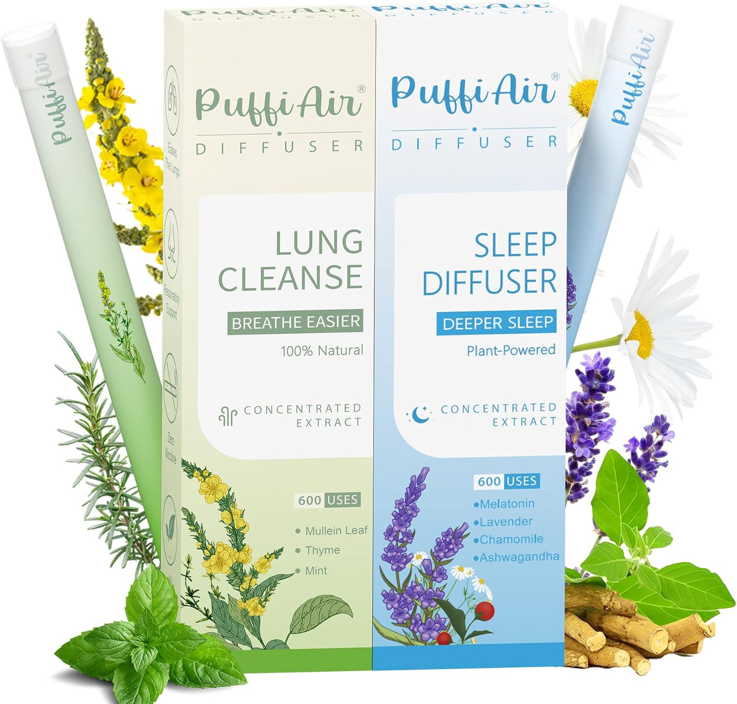 PUFFIAIR Day to Night Harmony Duo Herbal Diffuser Pen Set | Mullein and Melatonin Inspired Blends | Green Blue | 2 Count