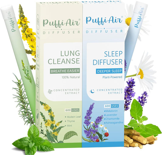 PUFFIAIR Day to Night Harmony Duo Herbal Diffuser Pen Set | Mullein and Melatonin Inspired Blends | Green Blue | 2 Count