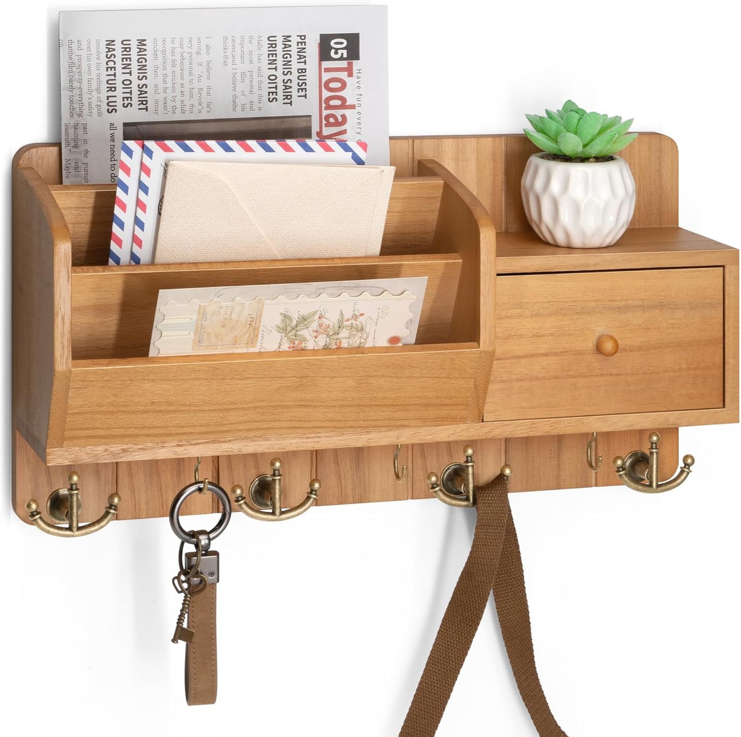 Rebee Vision Key Holder Wall Mount with Mail Organizer - Modern Farmhouse Key and Mail holder for Wall with Wall Hooks and Drawer - Apartment Essentials for Home Decor Aesthetic(Light Brown)