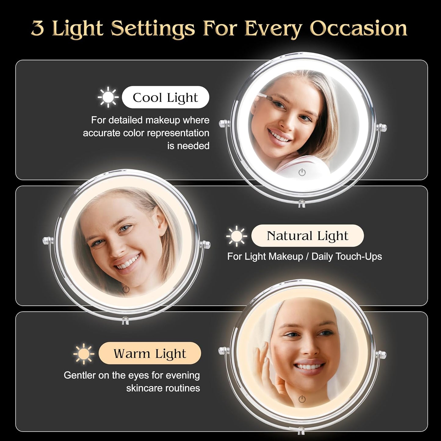 Super Zoom 15X Magnifying Makeup Mirror with Lights - 15X & 1X Make Up Vanity Mirror with 3 Lighting Modes, Rechargeable Battery with USB Cable - 8" Wide & 15" Tall (Chrome)